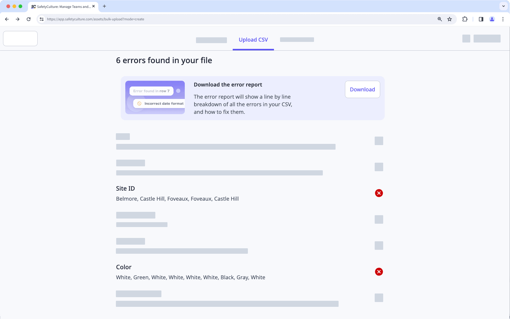 Download the CSV error report via the web app.