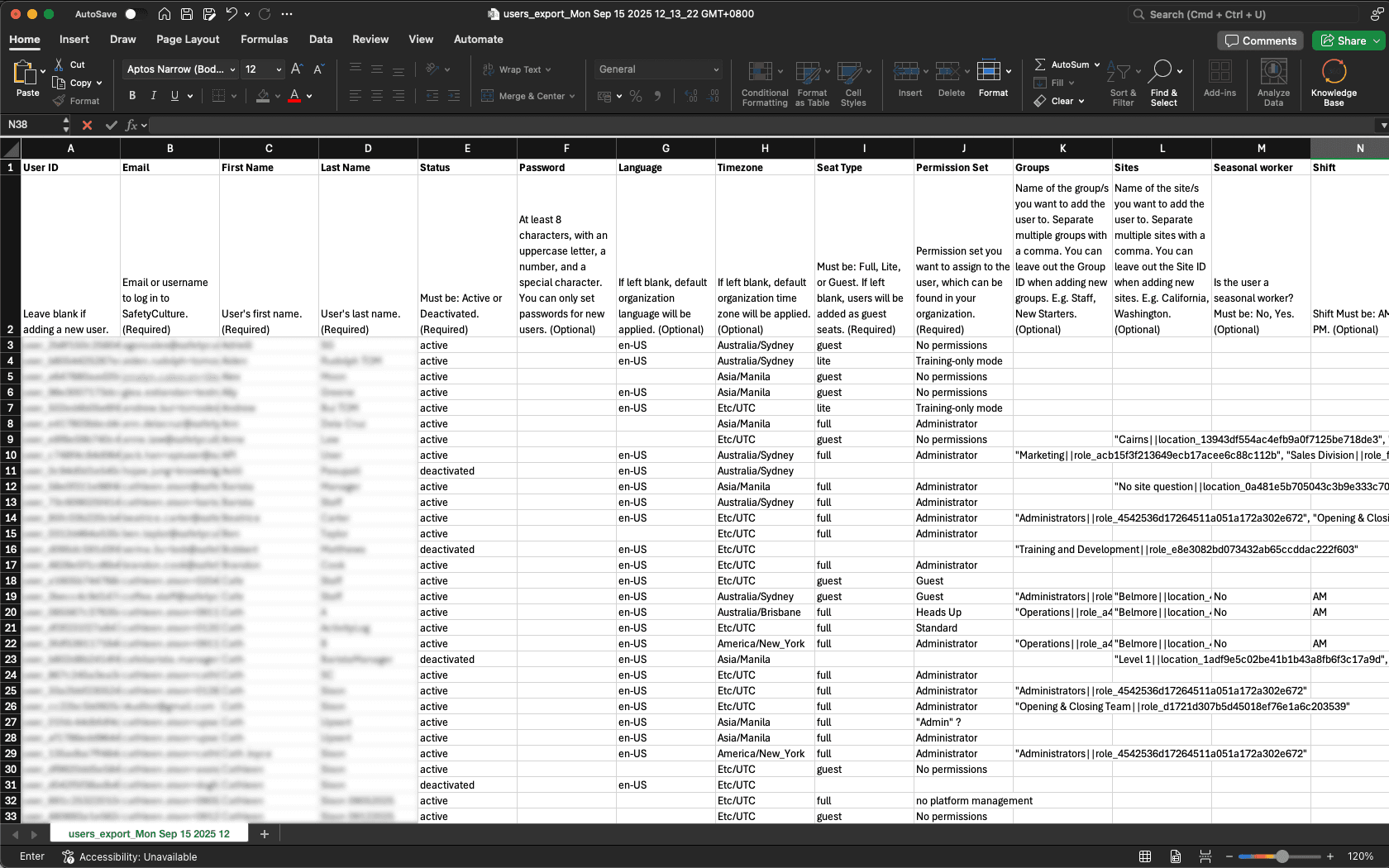 An example CSV export of an organization's user list on the web app.