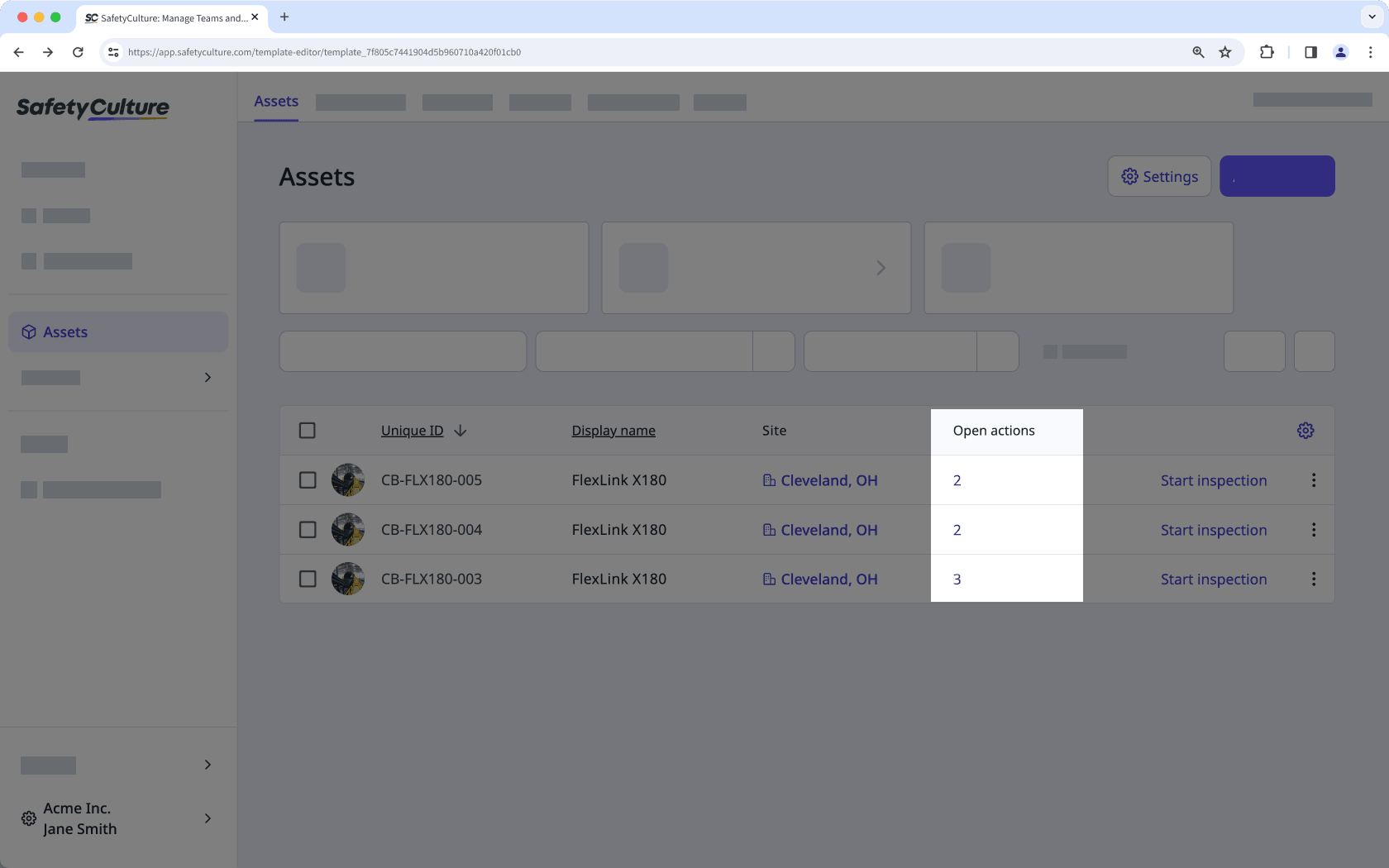View an asset with open actions via the web app.