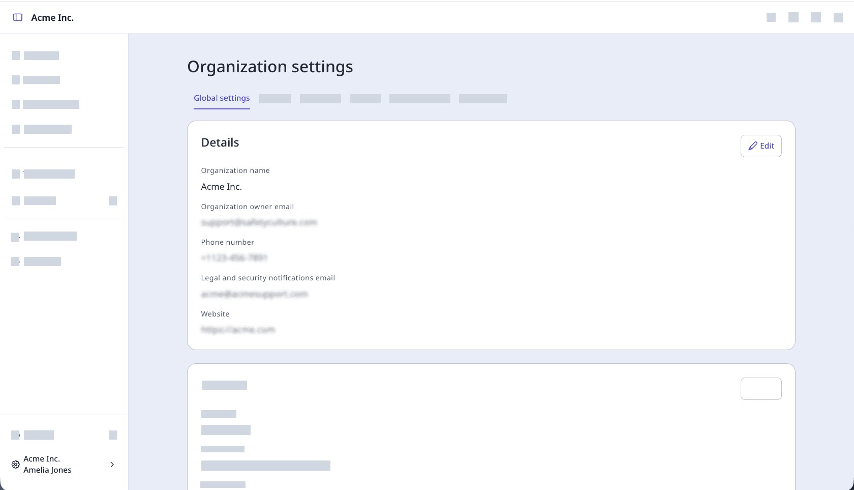 The organization's details visible in the Global settings tab of the organization settings page.