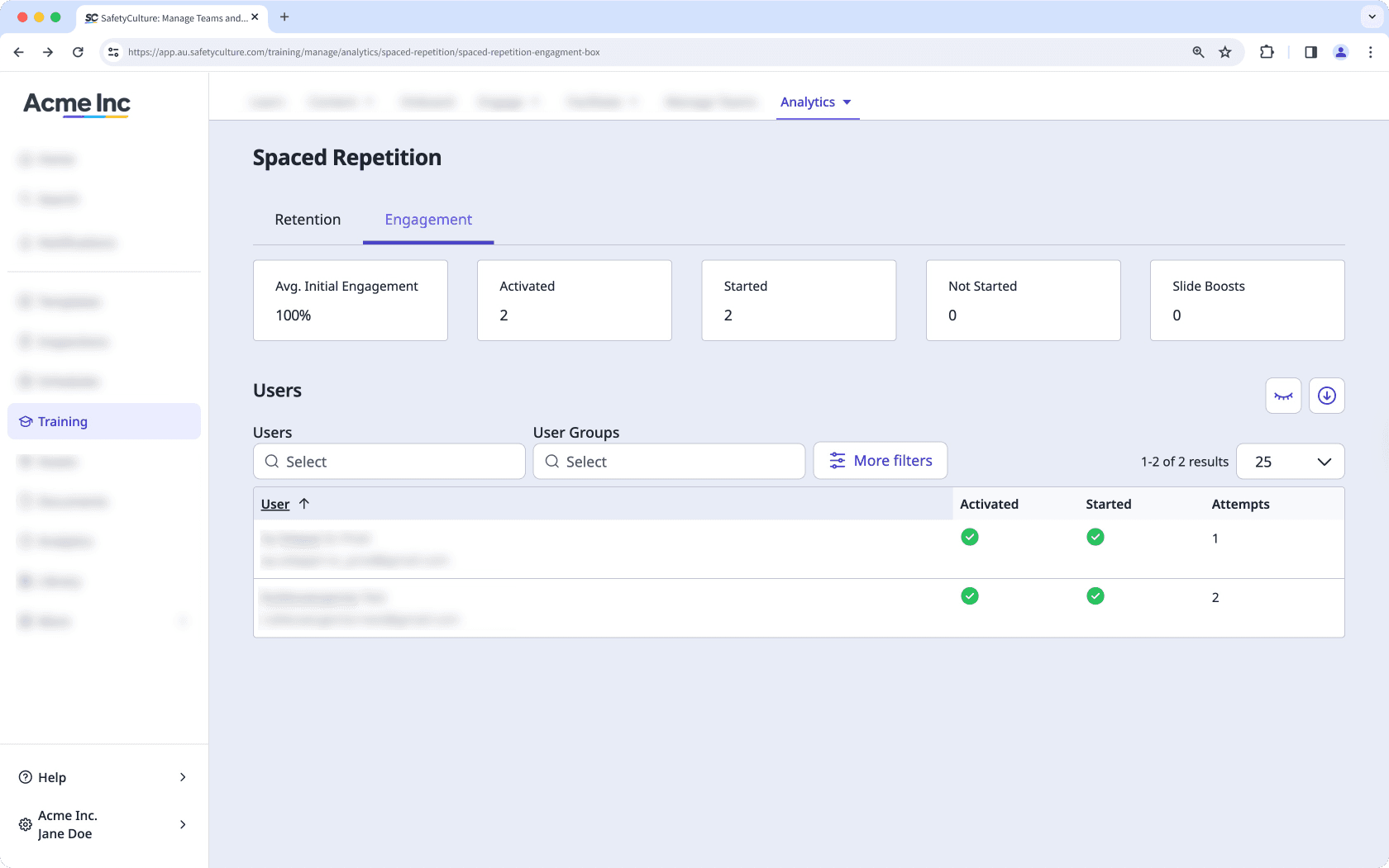 View the engagement tab in Spaced Repetition analytics via the web app.