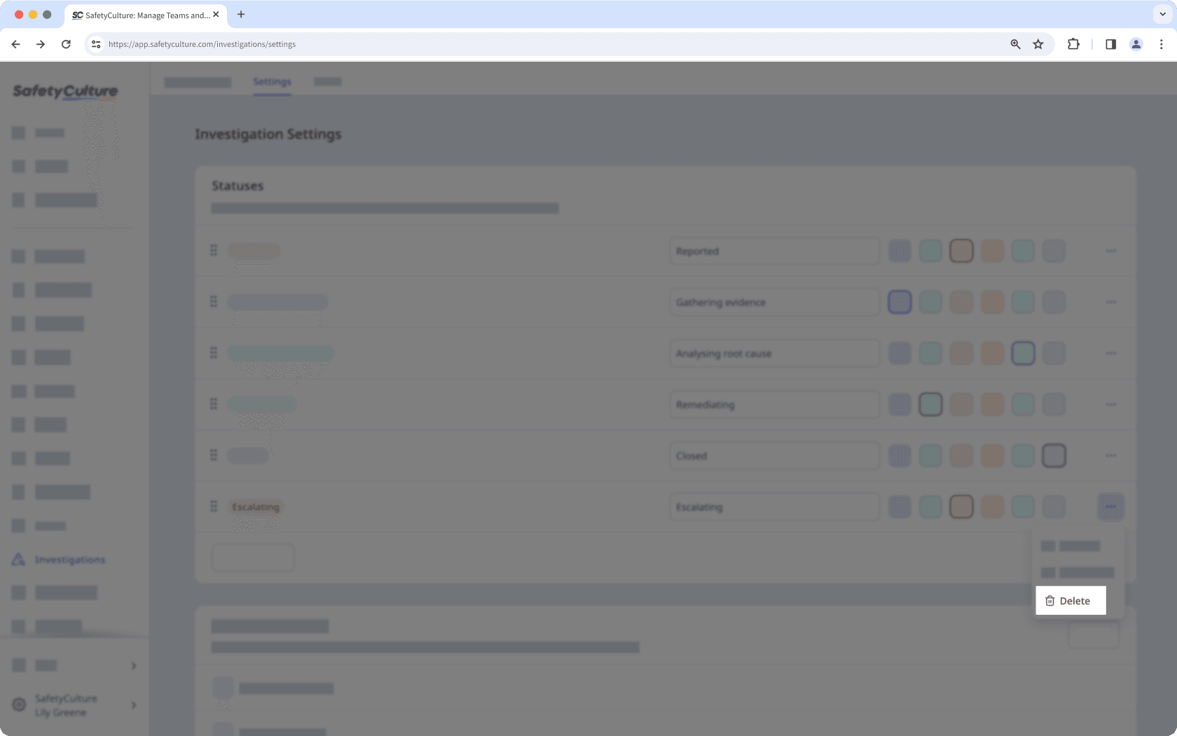 Delete a custom investigation status via the web app.