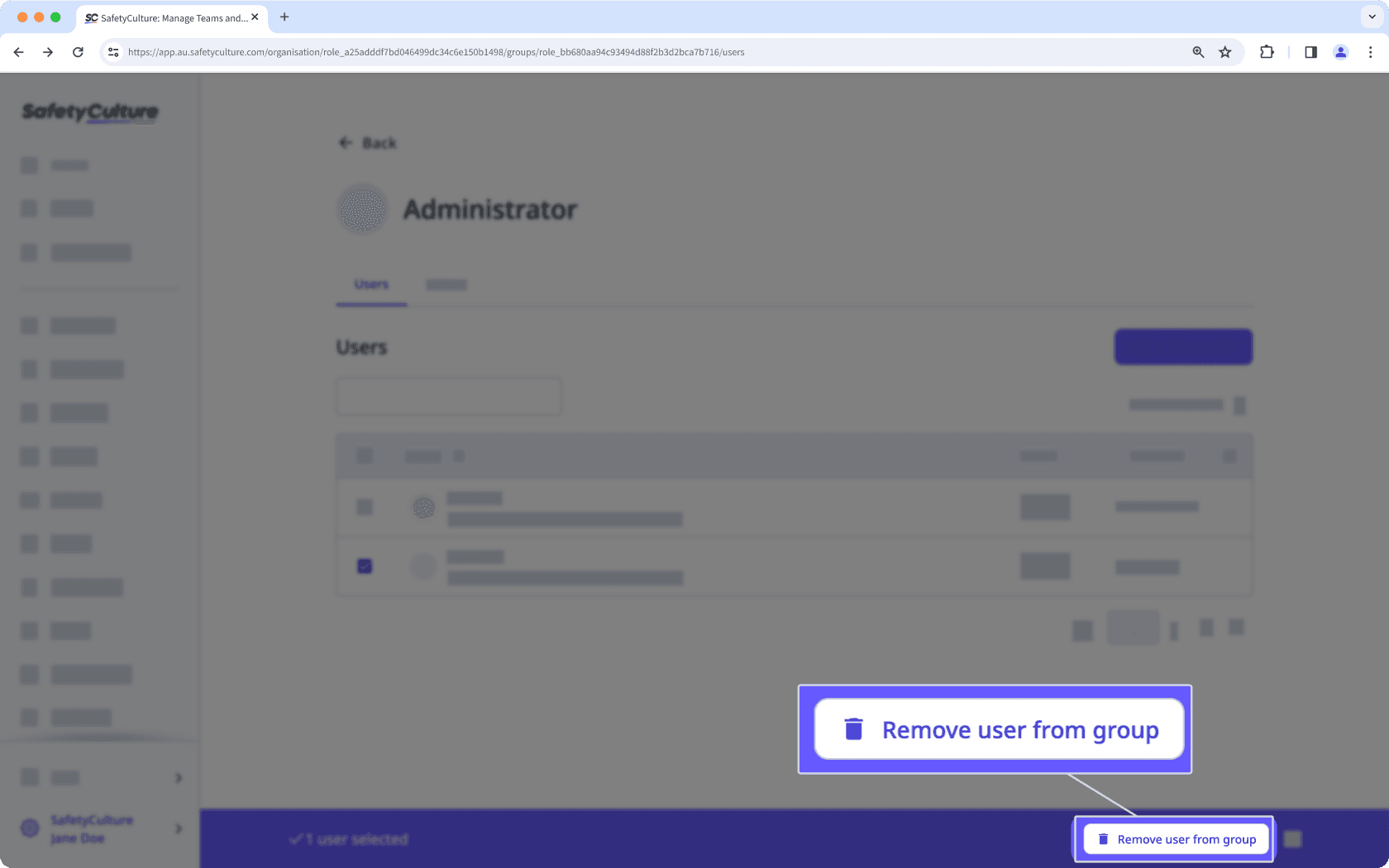 Remove a user from a group via the web app.