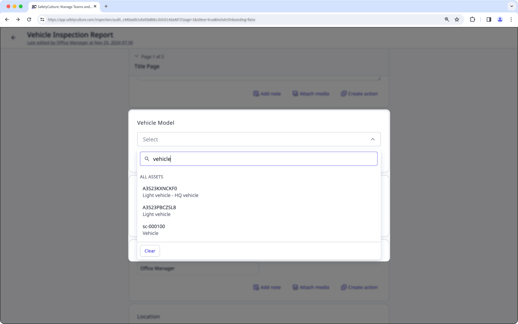 An asset question's dropdown menu showing specific assets on the web app.