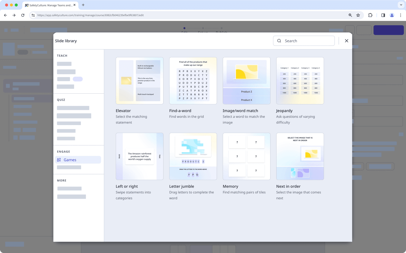 The slide library showing Games slides.