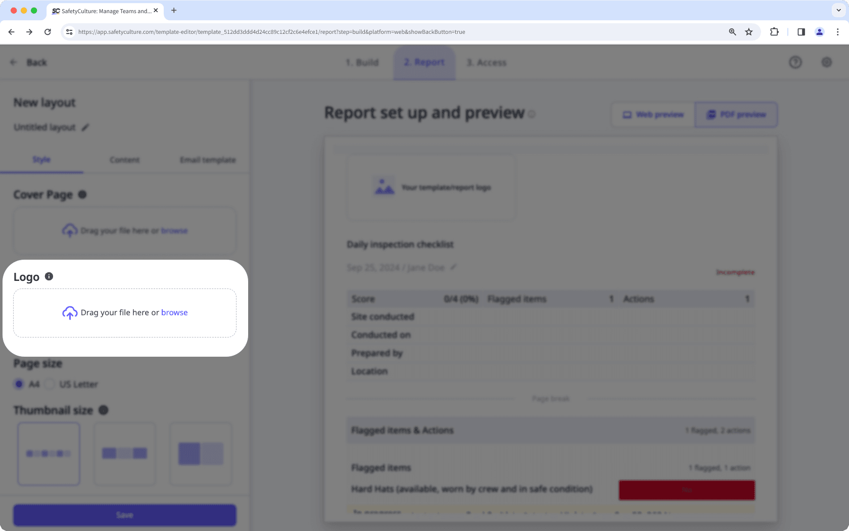 Upload a report layout logo in the Template Editor via the web app.
