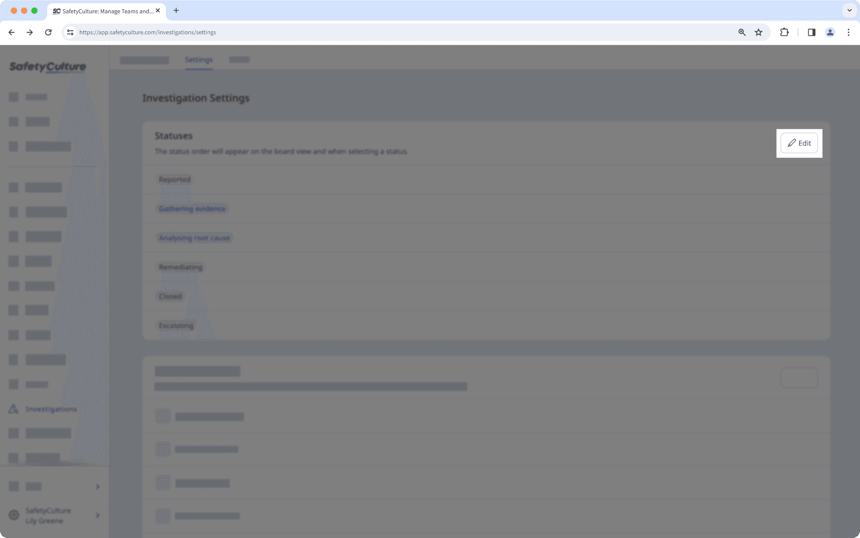 Edit a custom investigation status via the web app.