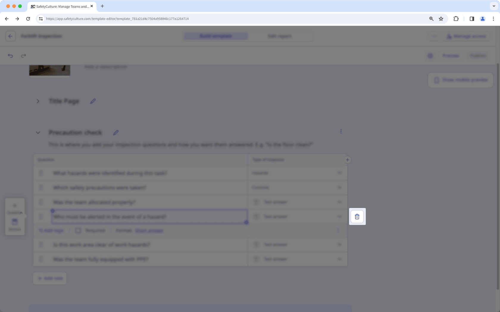 Delete a question in a template via the web app.