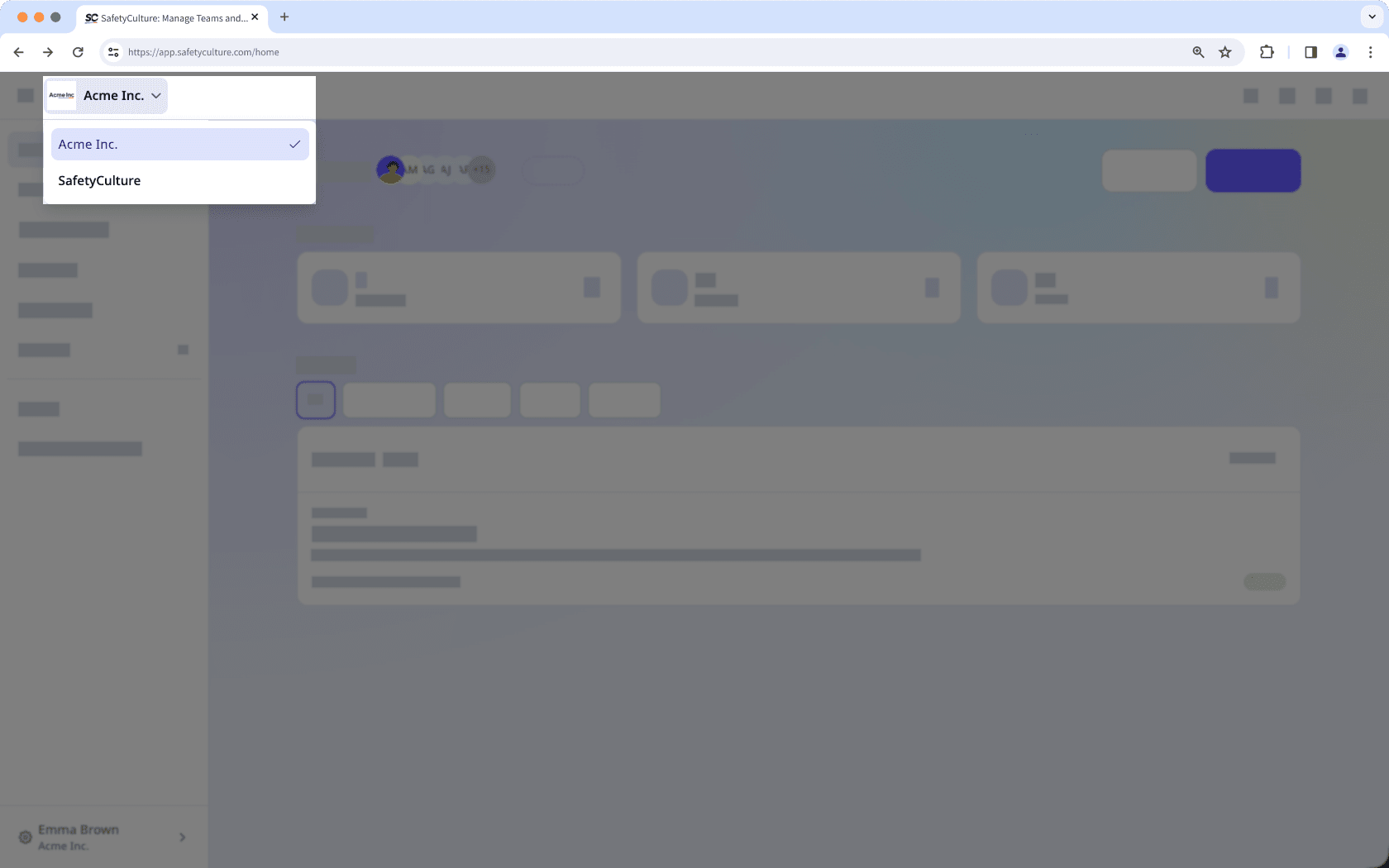The Home page open showing the option to switch between organizations.