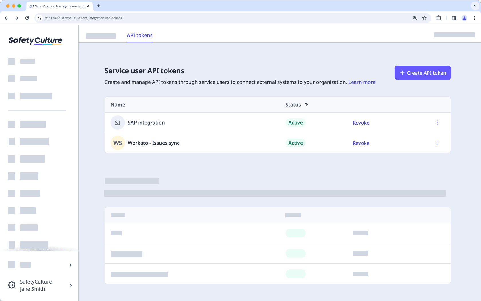 View service user API tokens list via the web app.