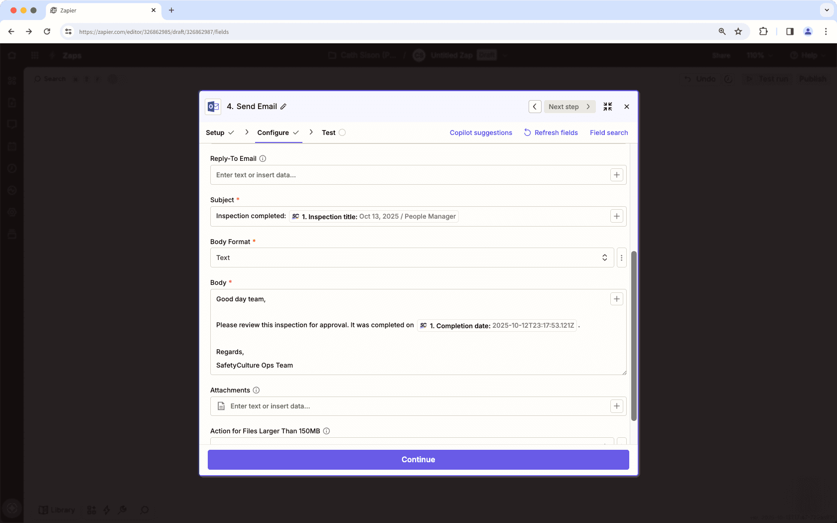 Automatically email inspection reports with Zapier via Microsoft Outlook.