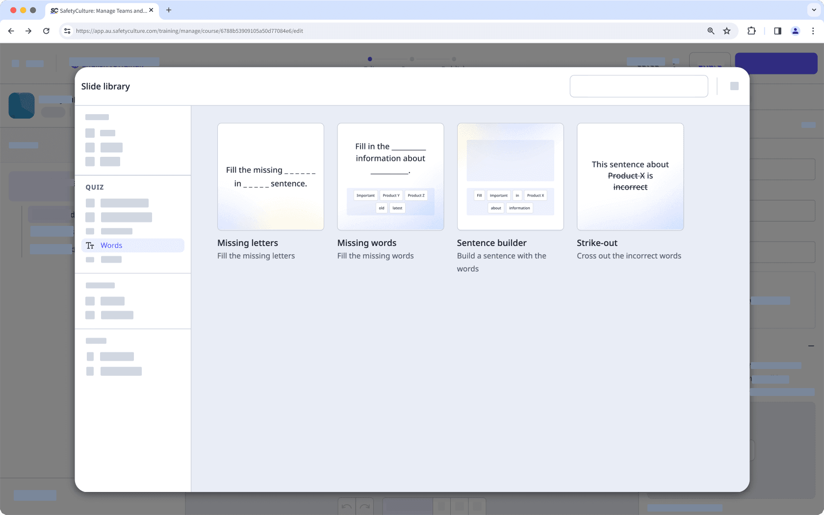 An example of words slide templates for training course lessons via the web app.