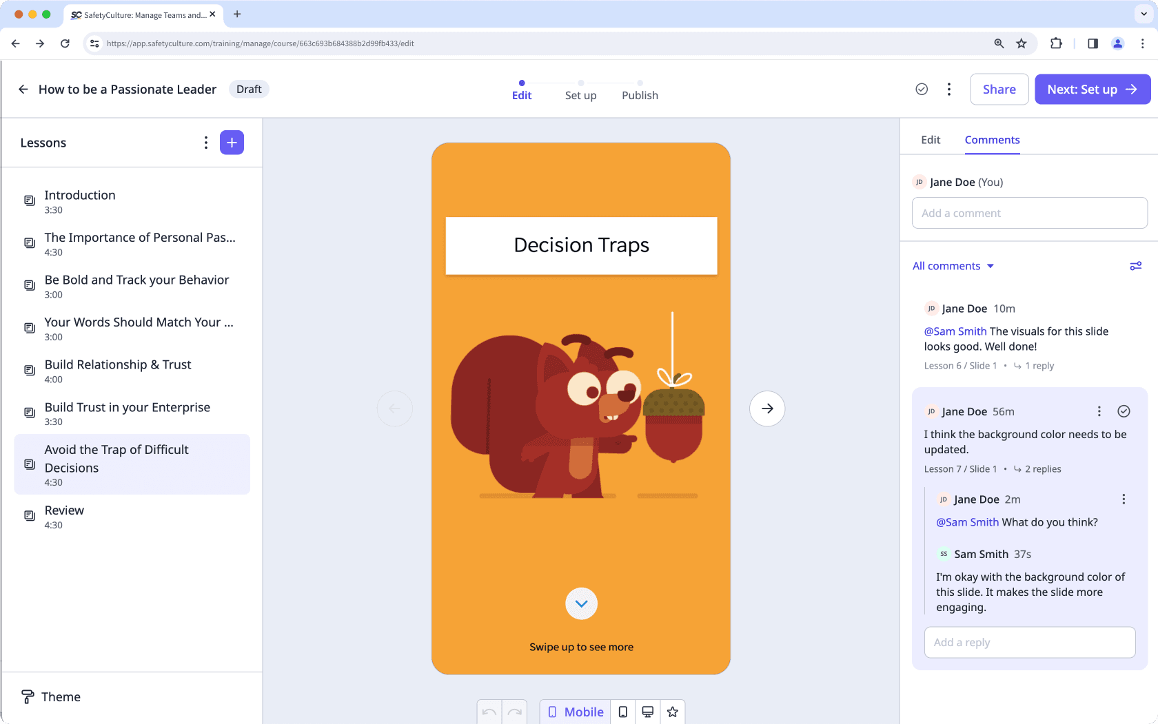 How do comments and replies in lesson slides work via the SafetyCulture web app.