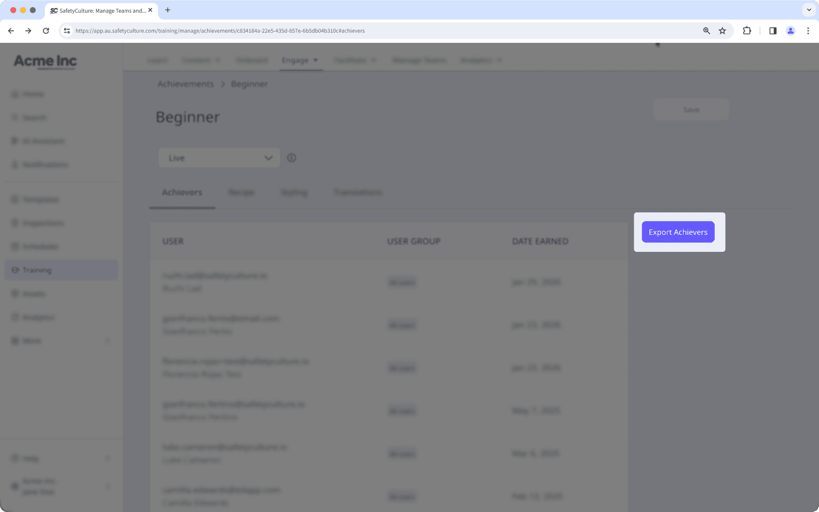 Export the list of achievers for an achievement via the web app.