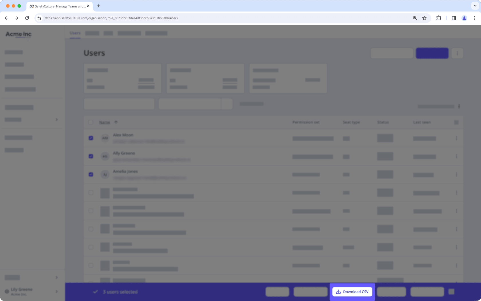 The users list showing the ‘Download CSV’ button.