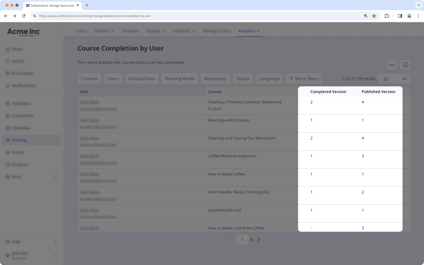 Course completion by Users with the completed version and published version columns highlighted.