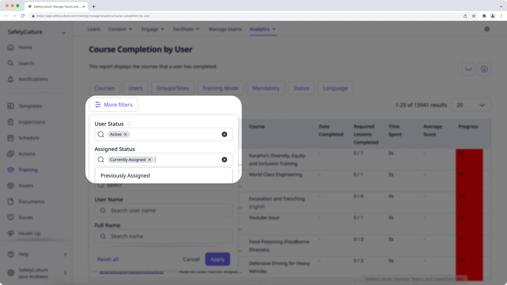 Filter by assigned status in training analytics via the web app.
