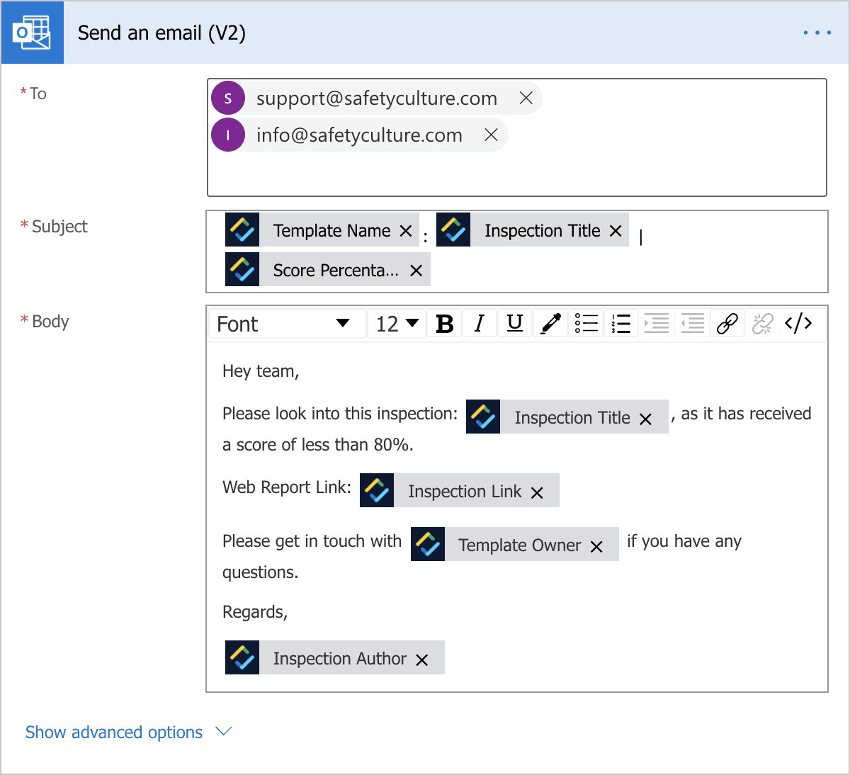An example of the Outlook action to send an inspection report link in Power Automate.