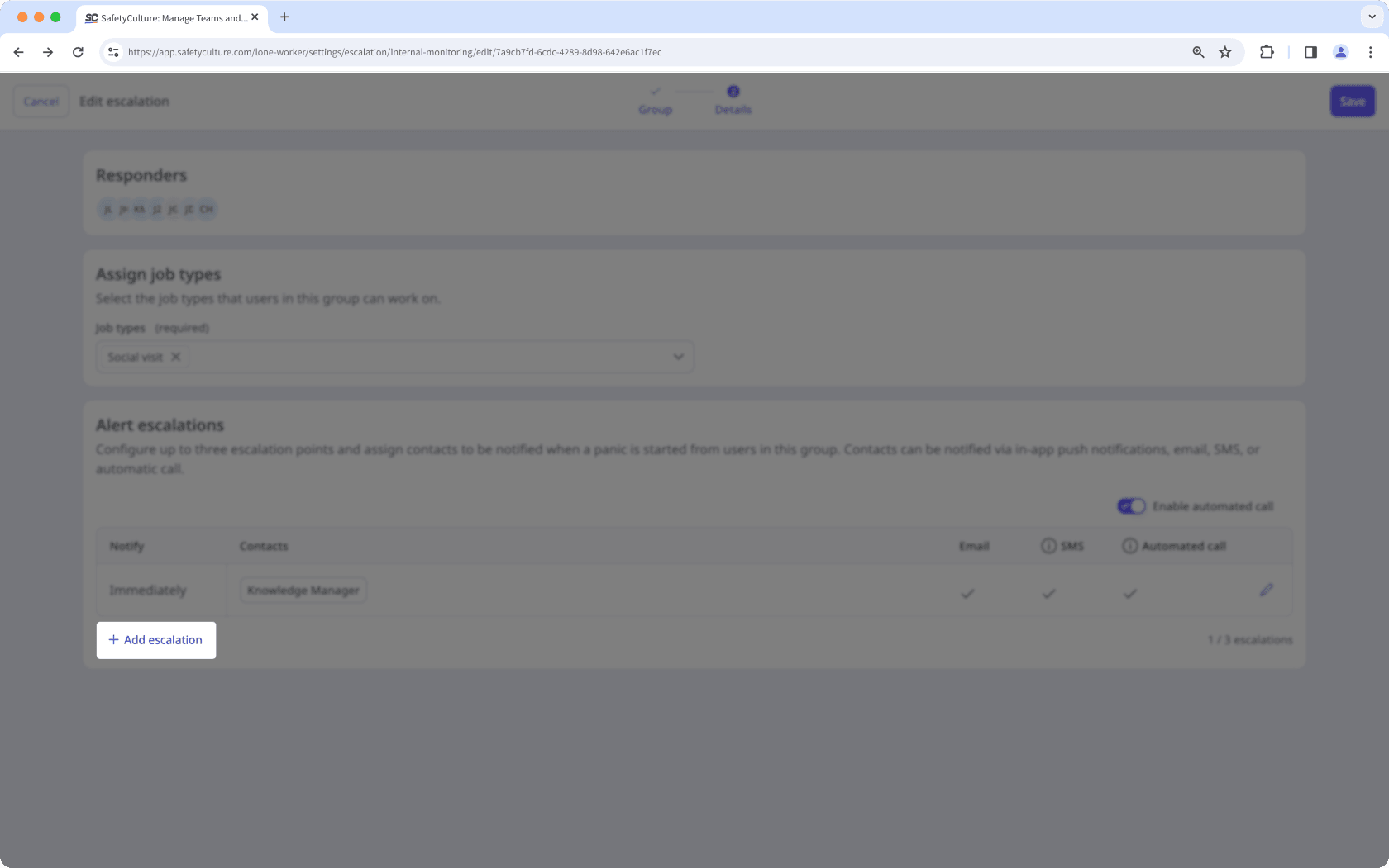 Add an escalation for a group's alert escalation settings via the web app.