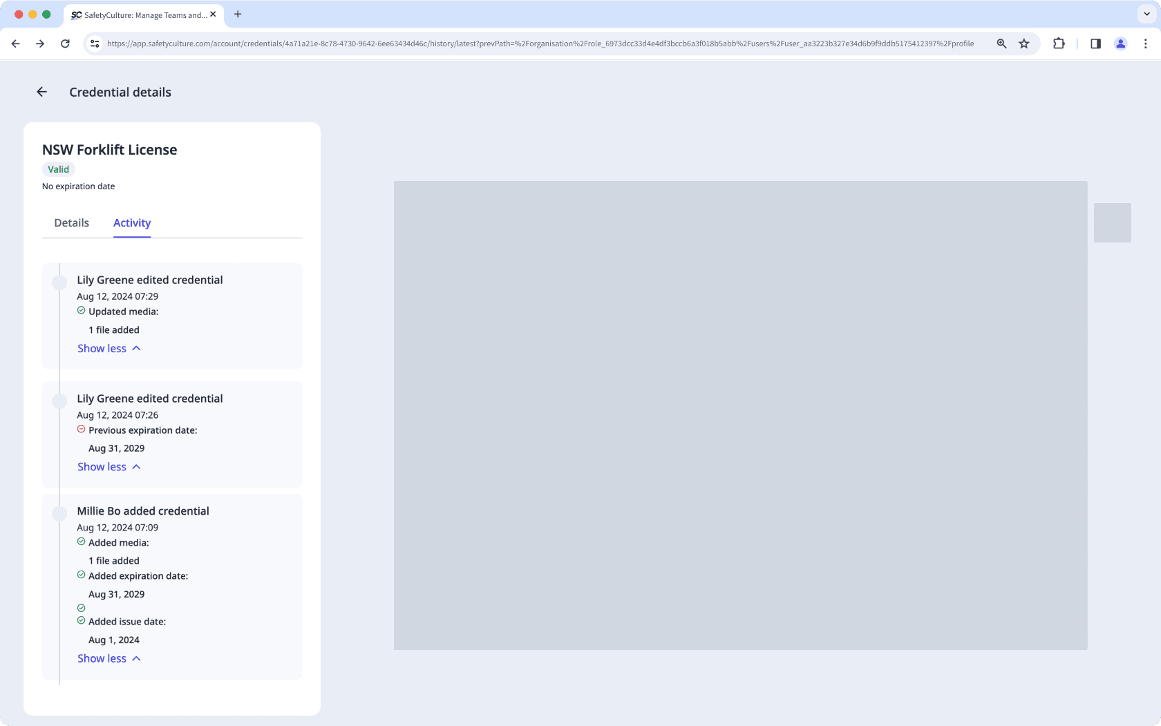 View a user’s credential version’s activity via the web app.