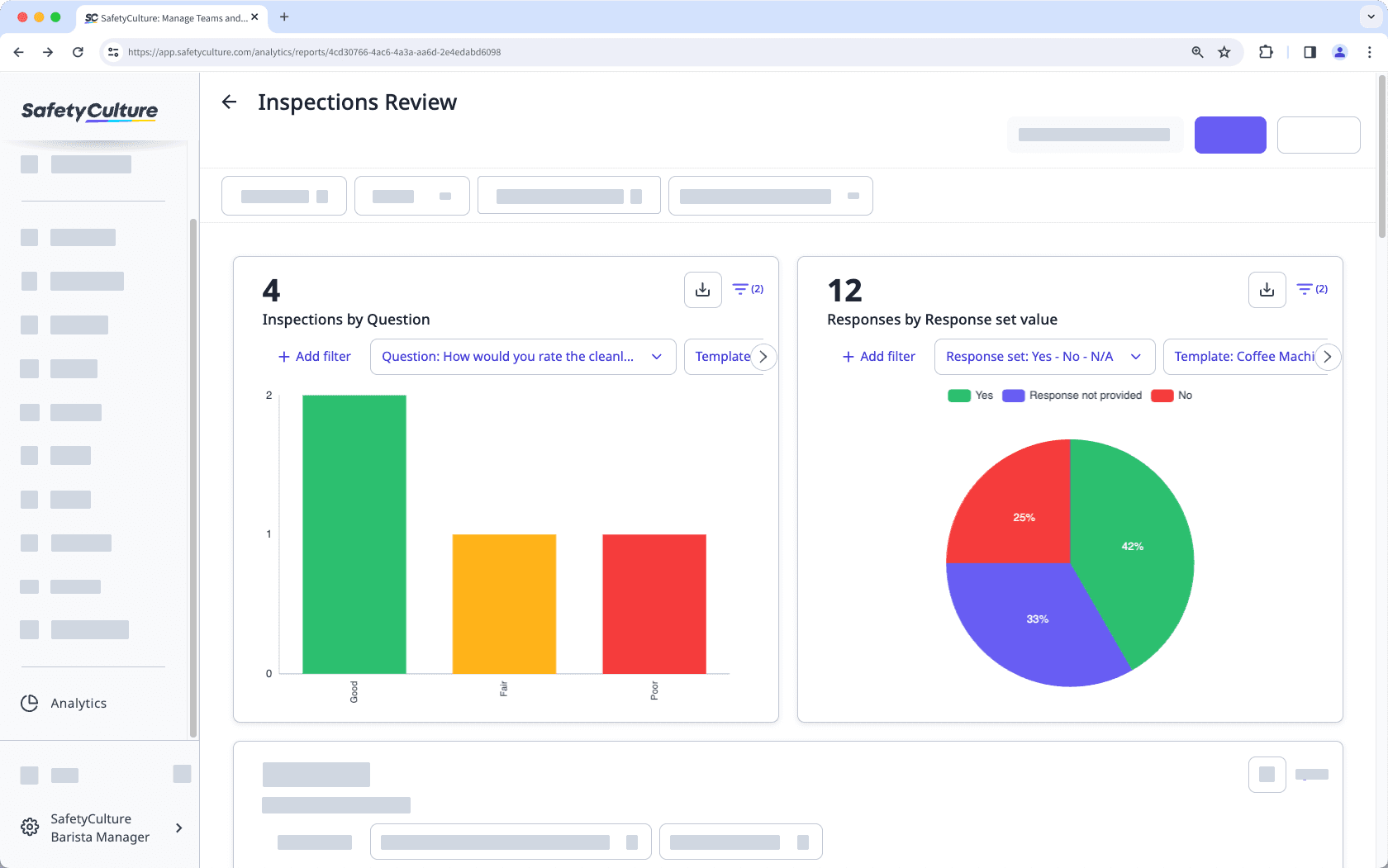 View trends in your inspections by viewing data with questions and responses in the Analytics feature via the web app.