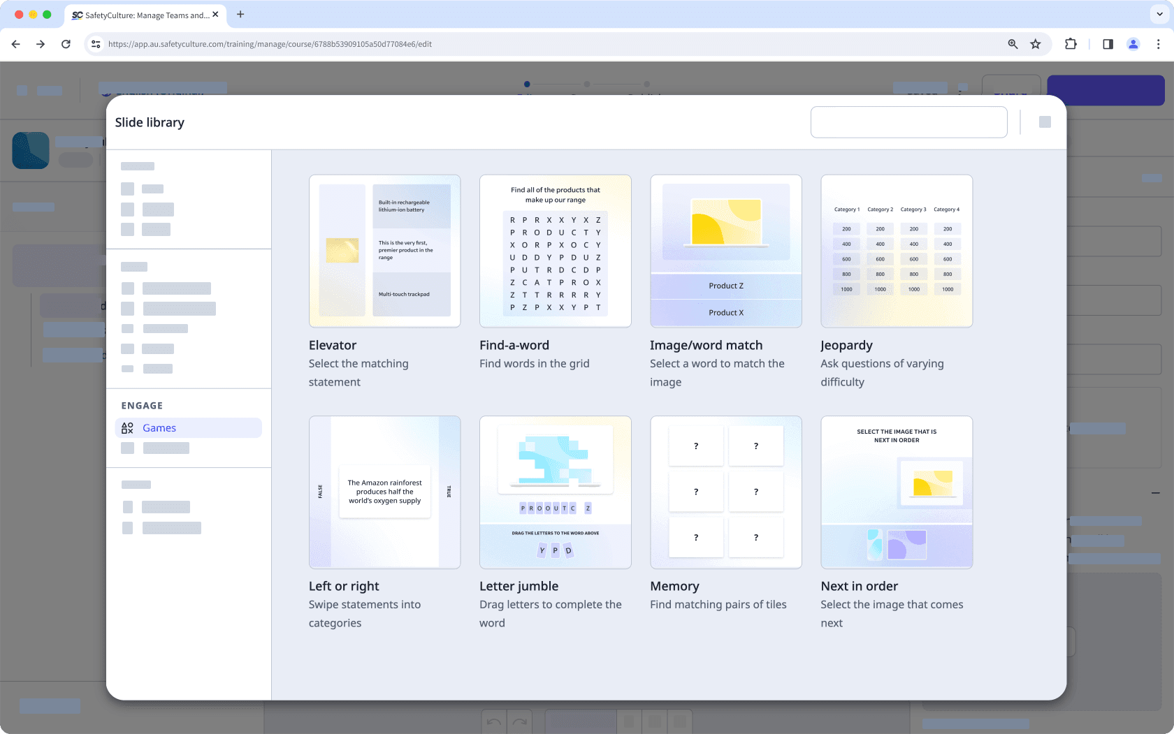 An example of game slide templates for training course lessons via the web app.