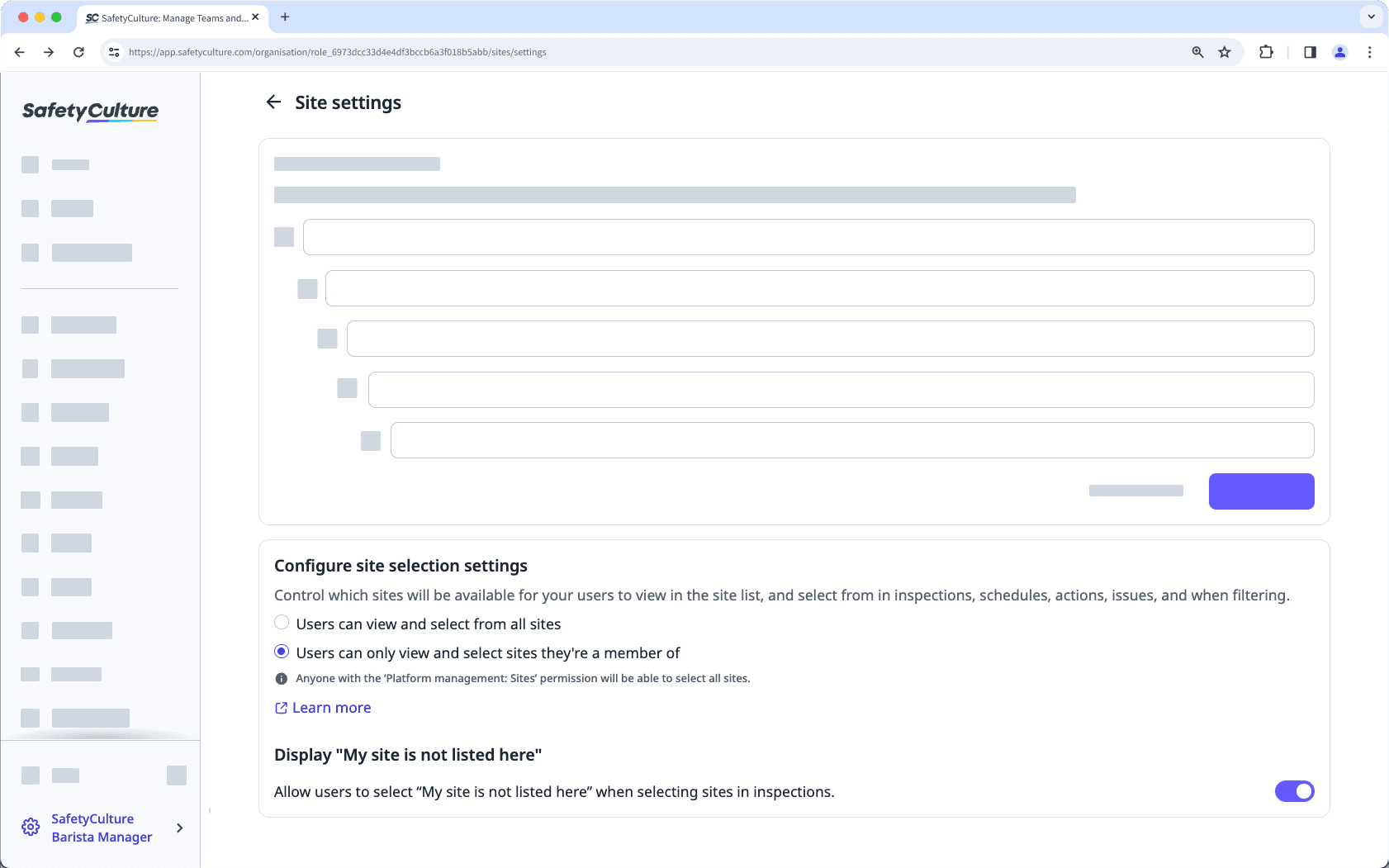 Configure your organization's site selection settings via the web app.