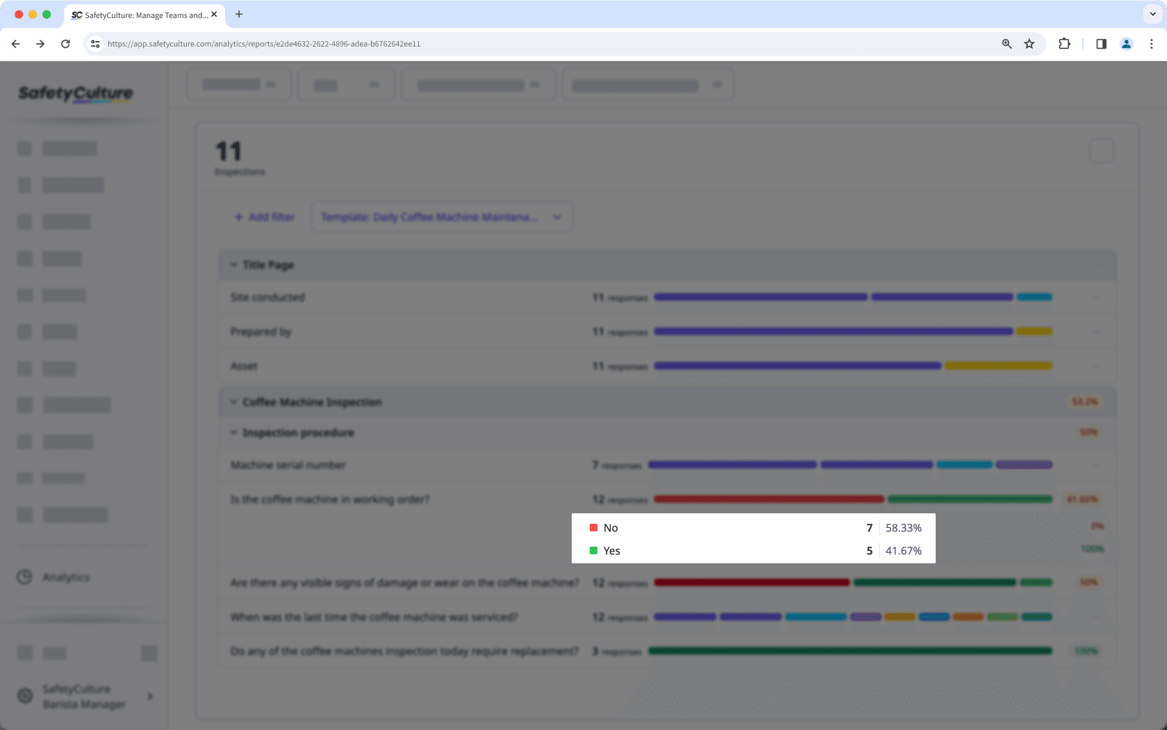 View the usage percentage and usage total for responses across inspections using the Responses table chart type via the web app.