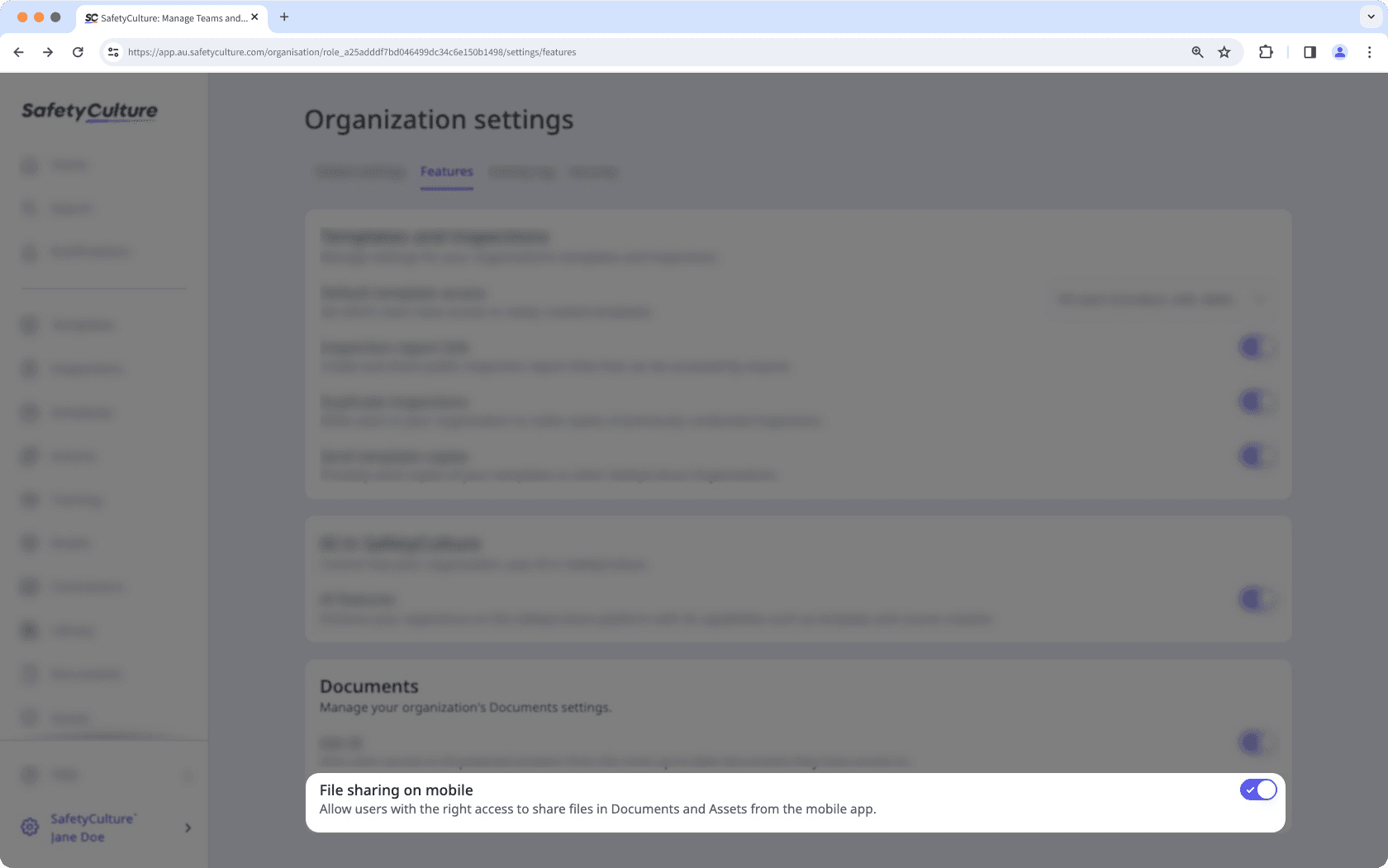 Turn file sharing on mobile on or off via the web app.