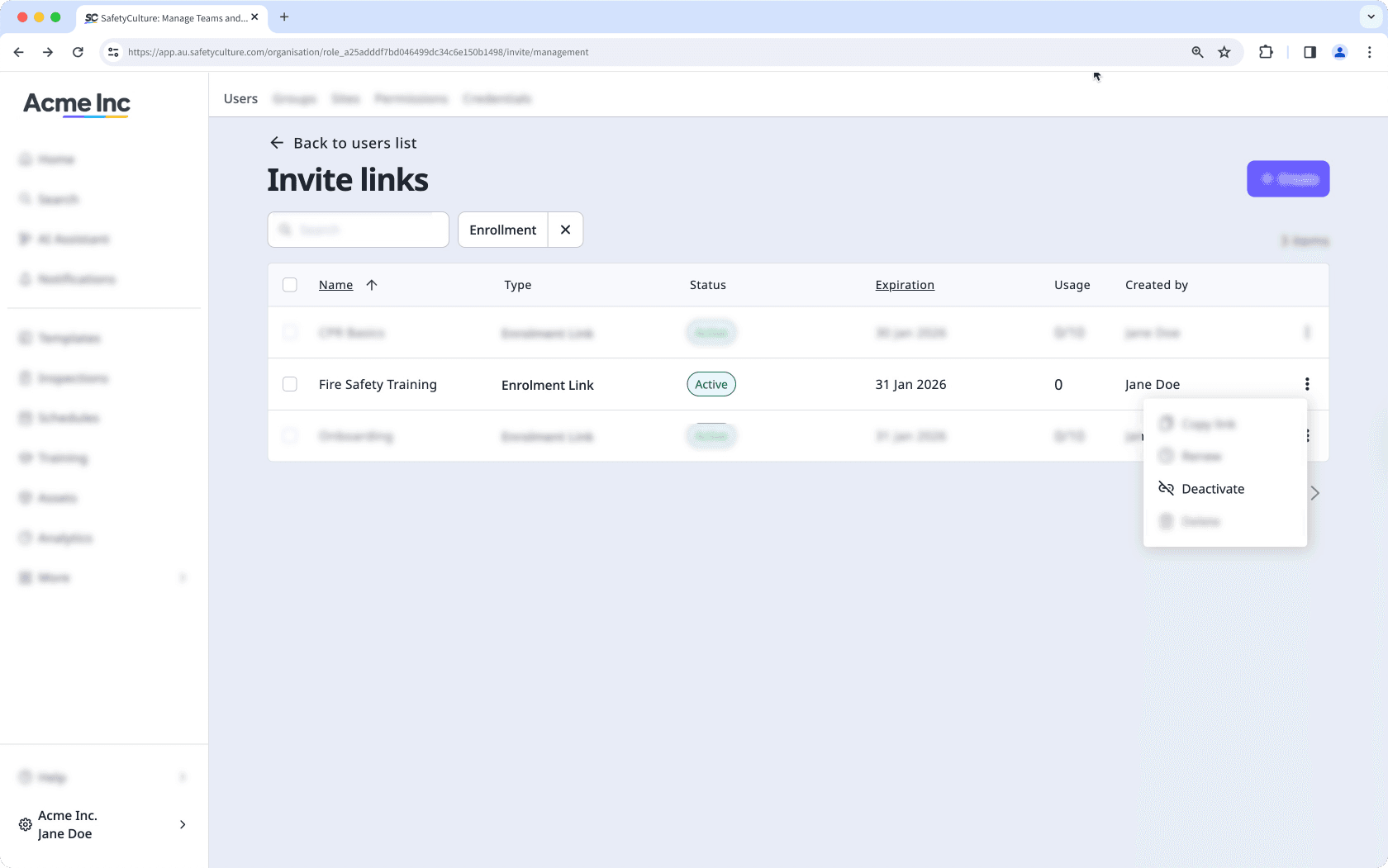 Deactivate an enrollment link via the web app.