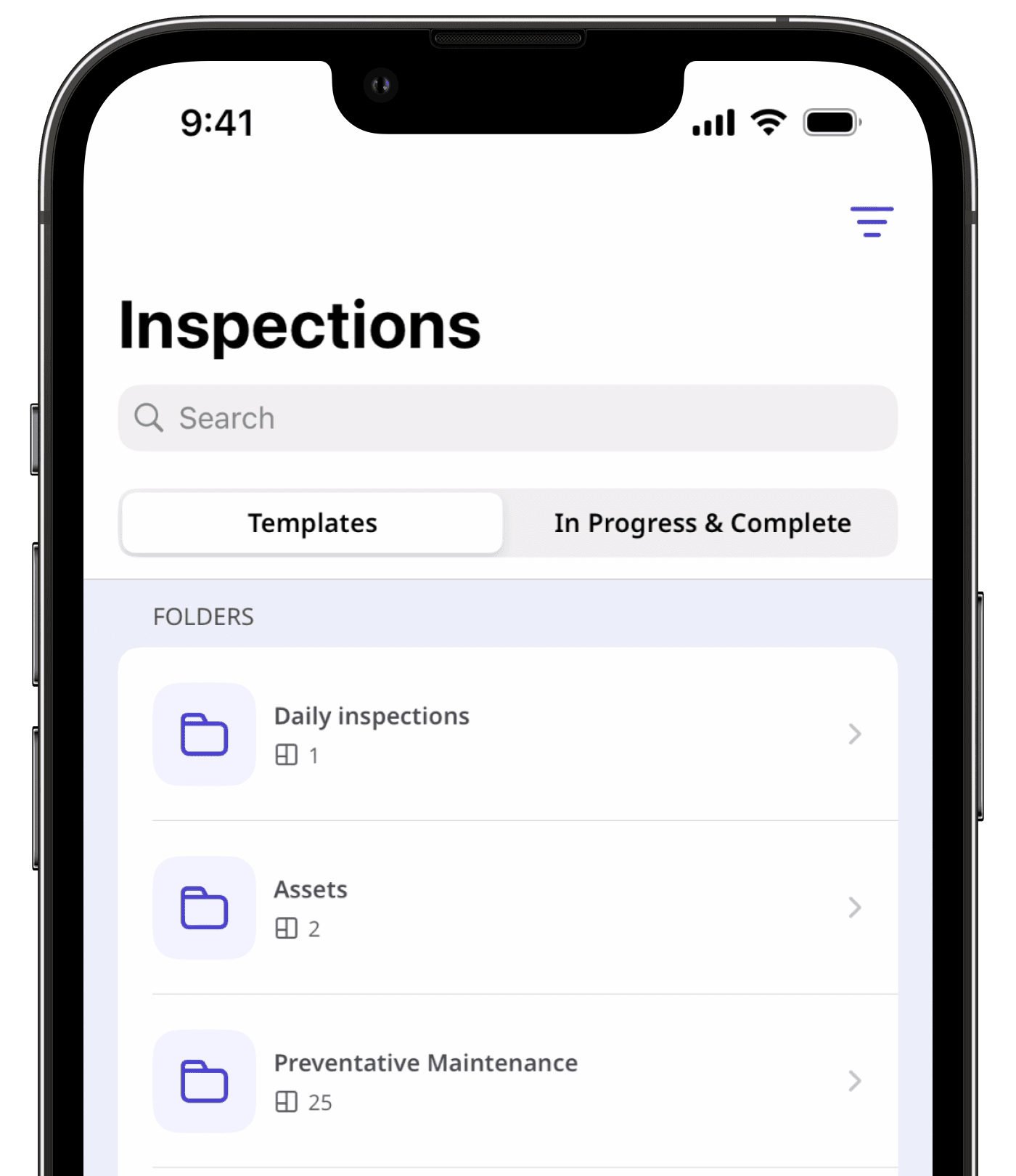 An example of template folders on the mobile app.