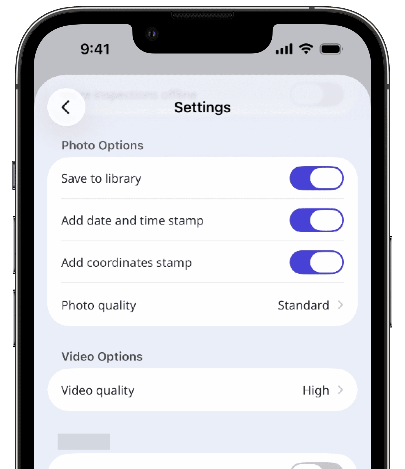 Adjust photo and video options settings via the mobile app.