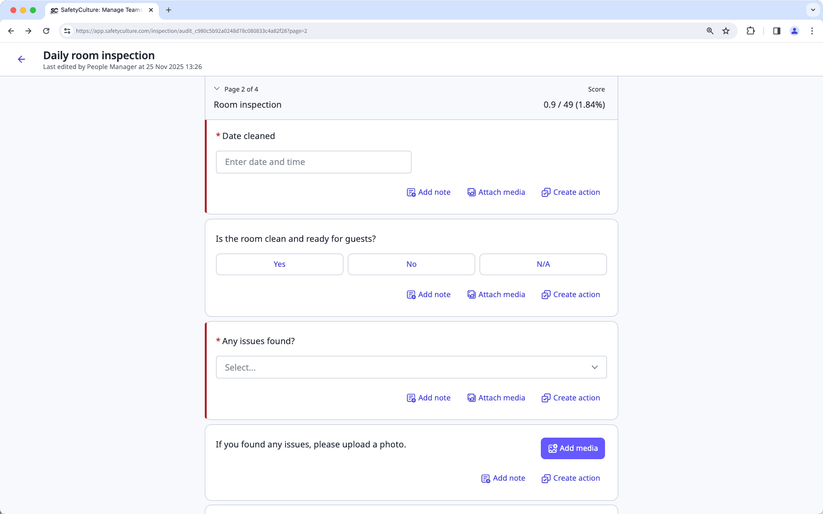 Required and optional questions in an inspection via the web app.
