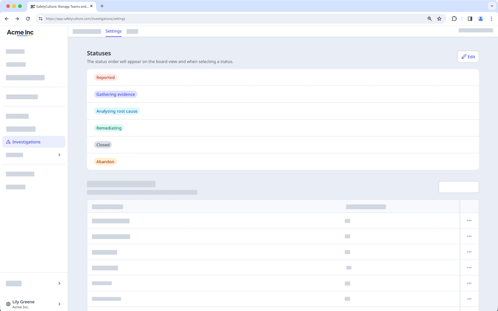 An example of custom statuses in investigations on the web app.