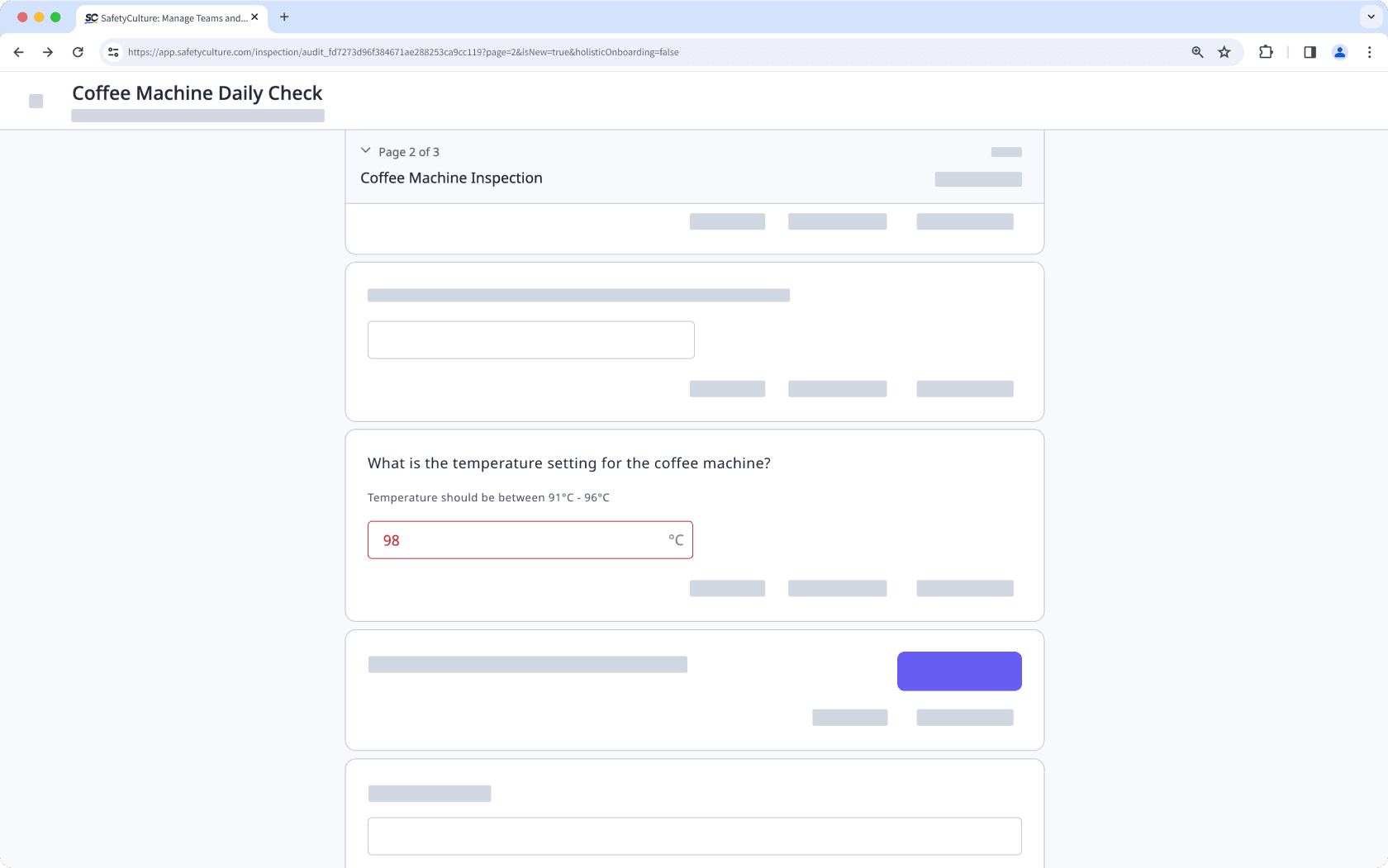 Example of an above threshold temperature response in an inspection via the web app.