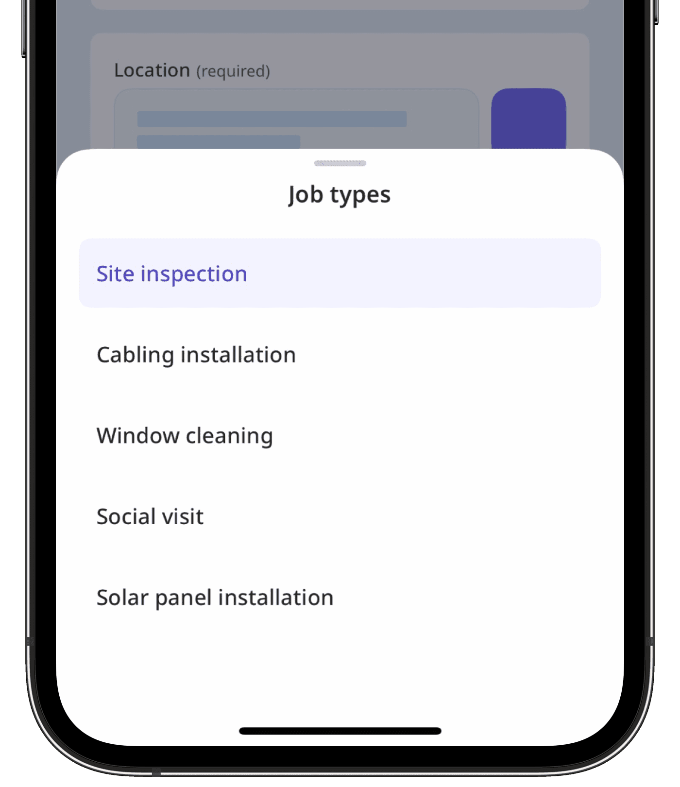 An example of lone worker job types on the mobile app.