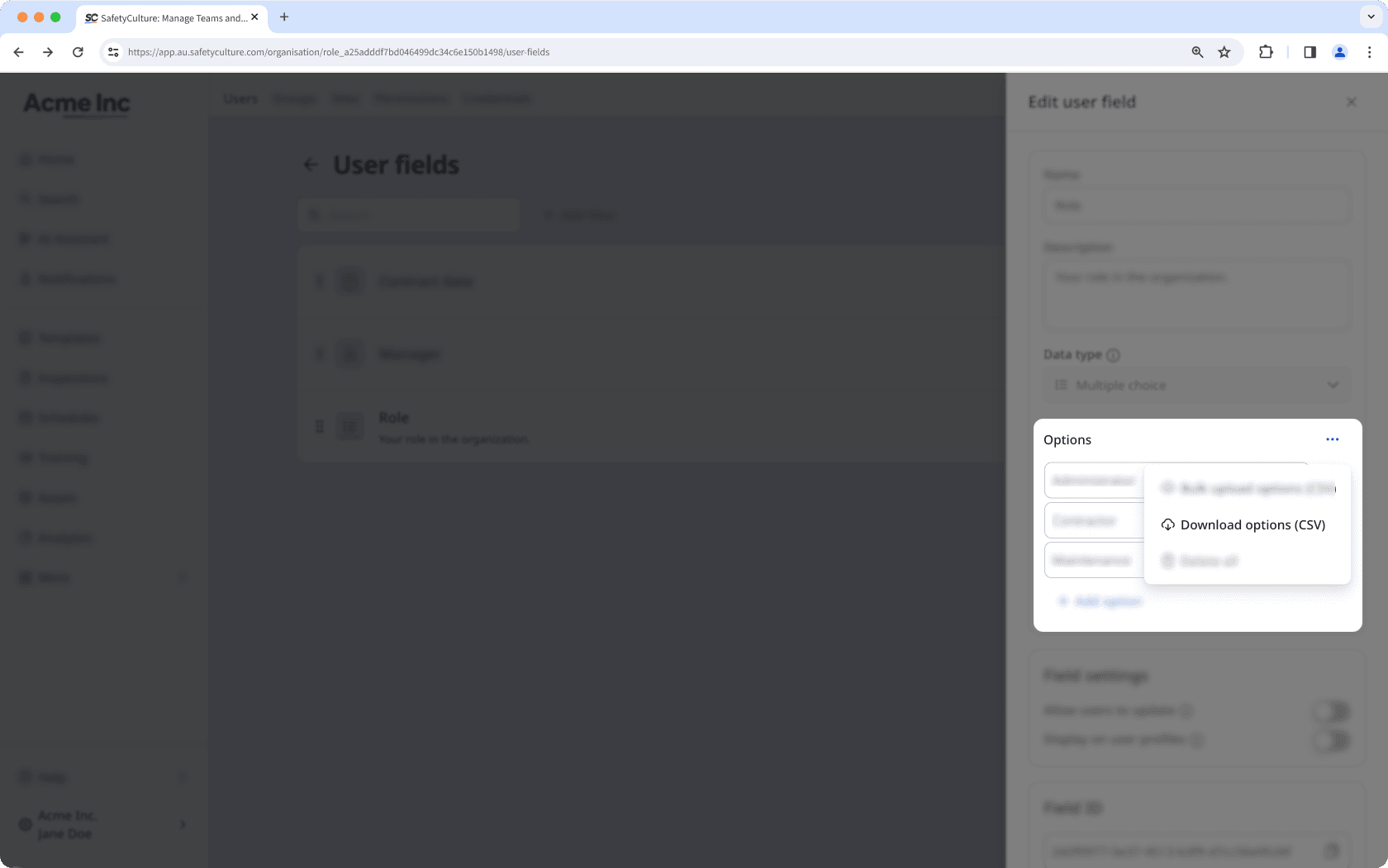 Download options as CSV via the web app.