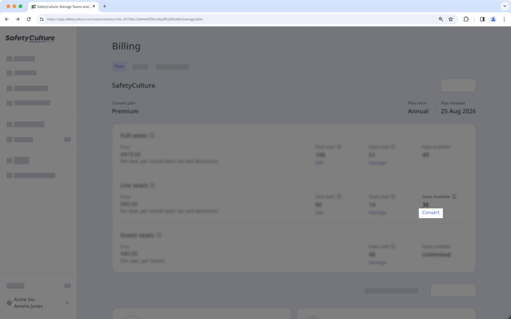 The Billing page open with the Convert button visible.