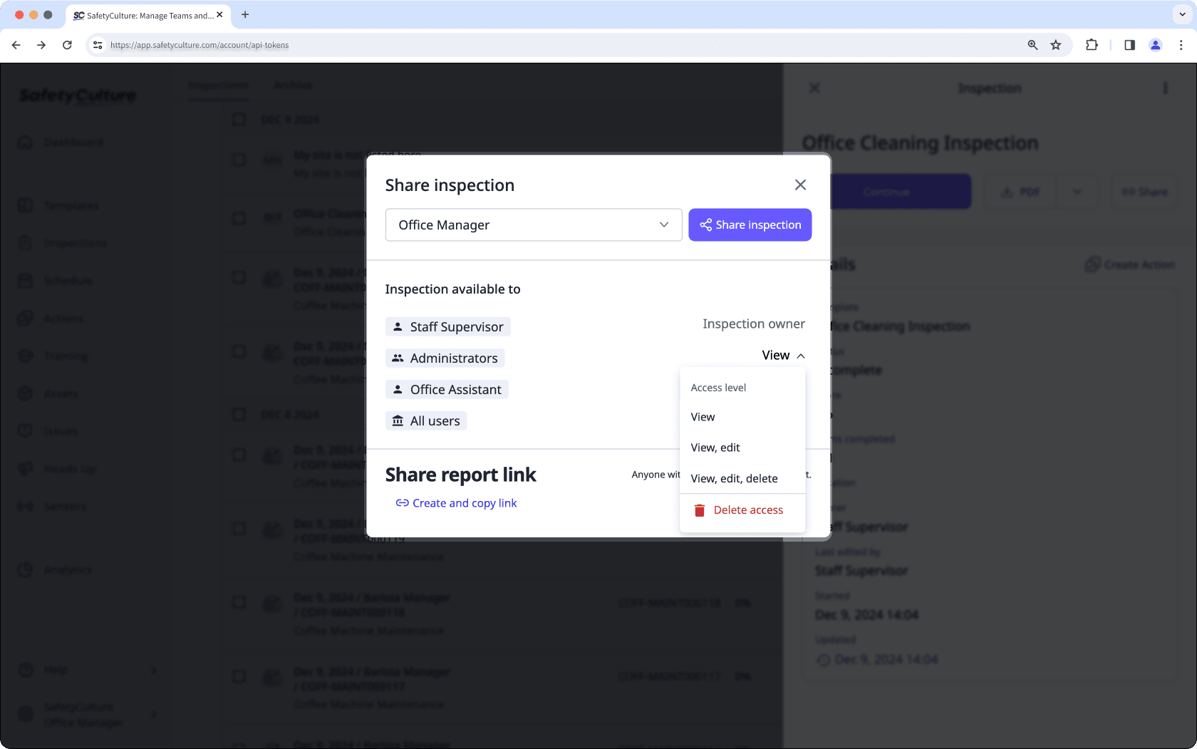 Inspection access levels on the web app.