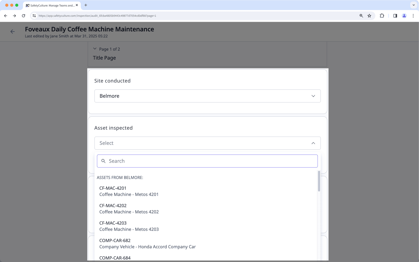 The asset list in an inspection after selecting a site via the web app.
