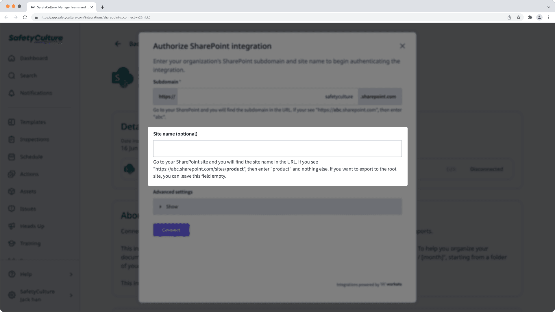 The site name field when installing the SharePoint integration for SafetyCulture.