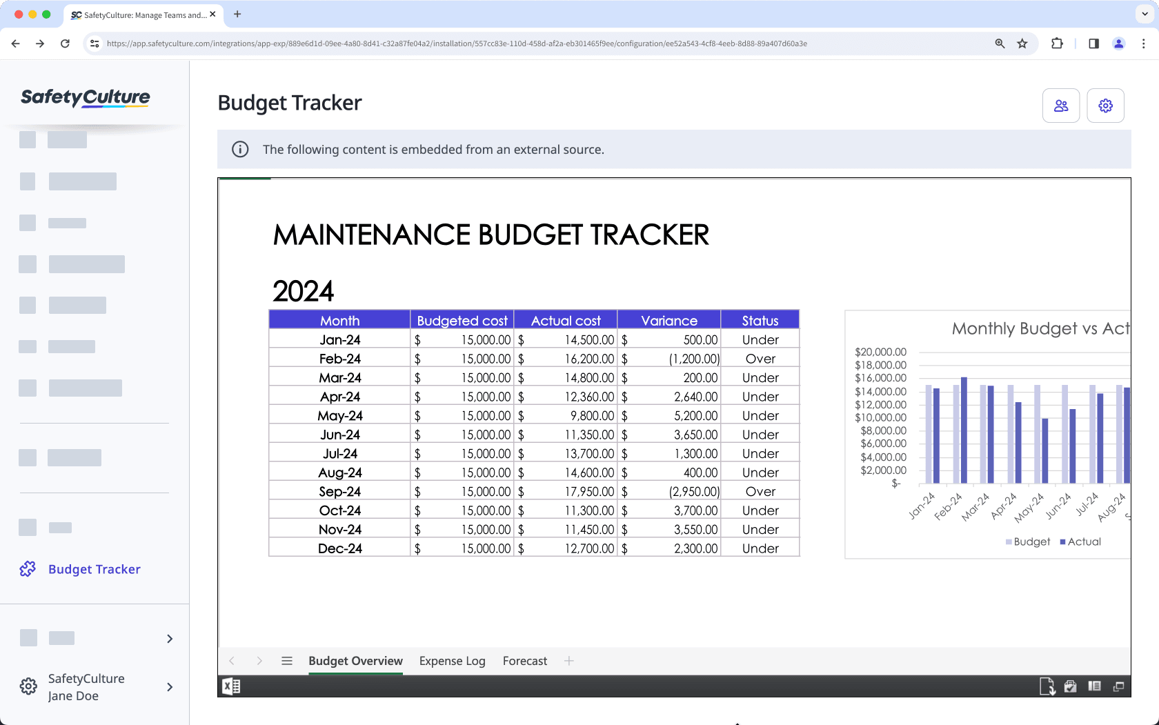 View embedded Microsoft Excel workbook via the web app.