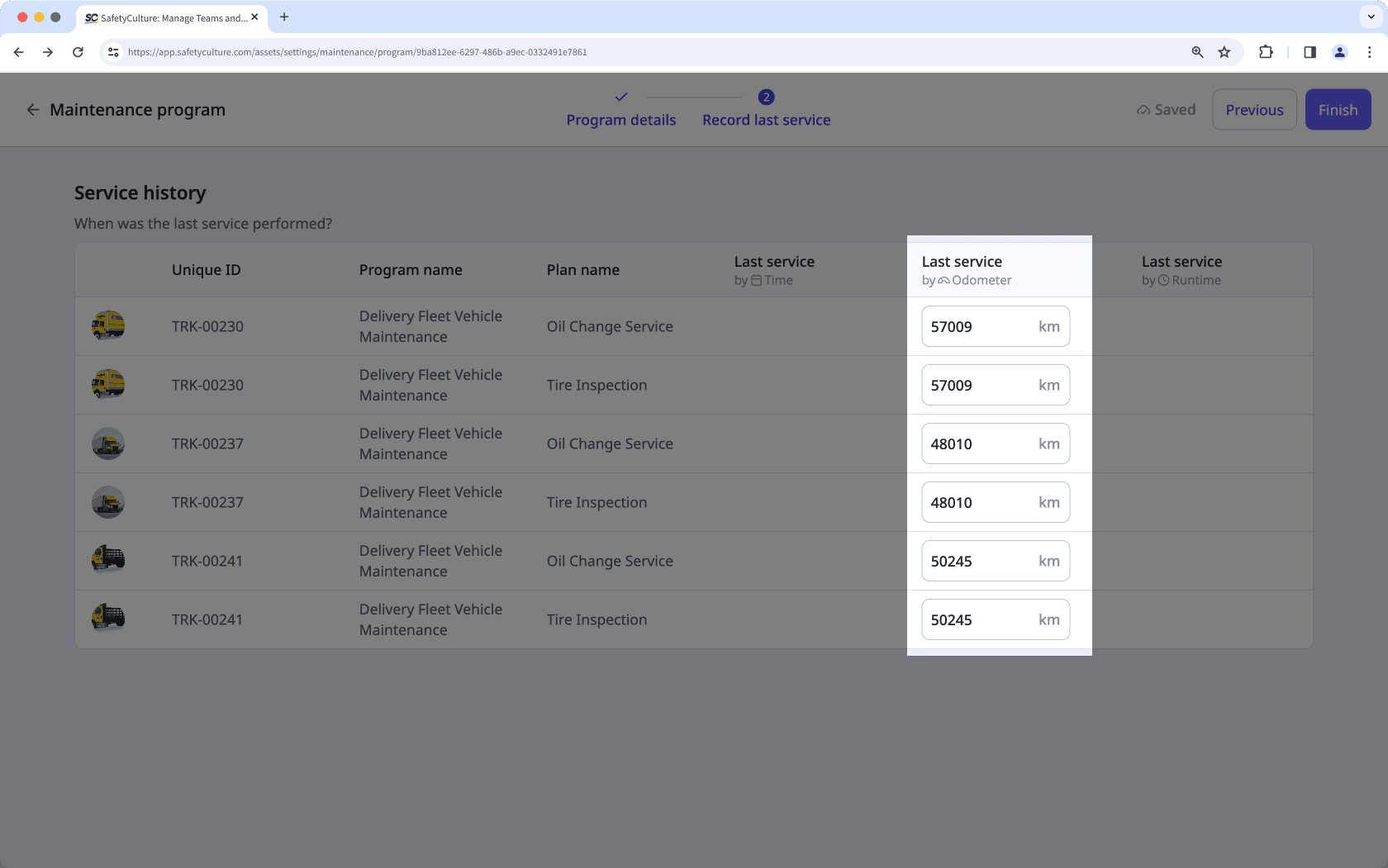Record last service for assets in the program via the web app.