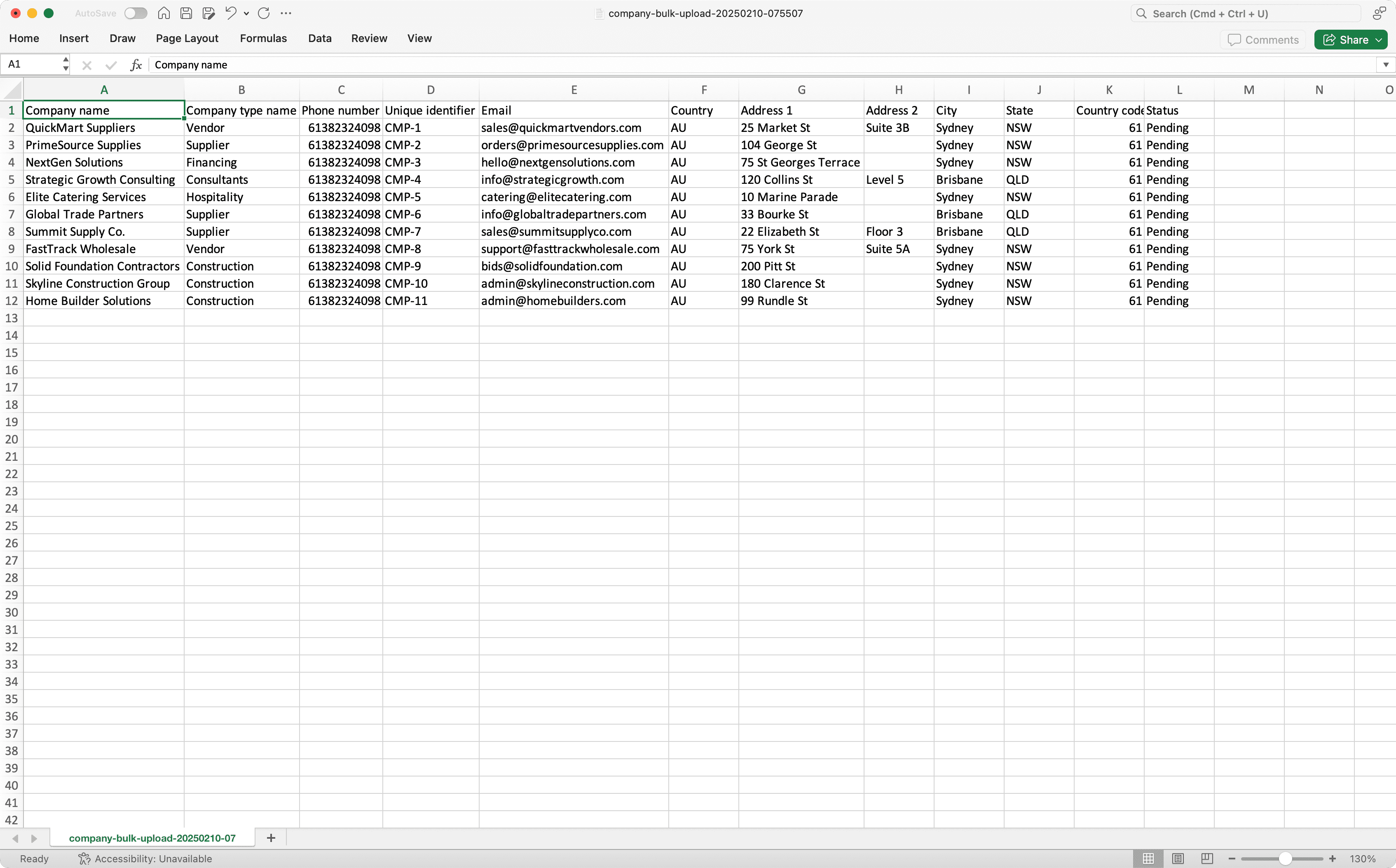 Add companies in bulk using the CSV template via the web app.