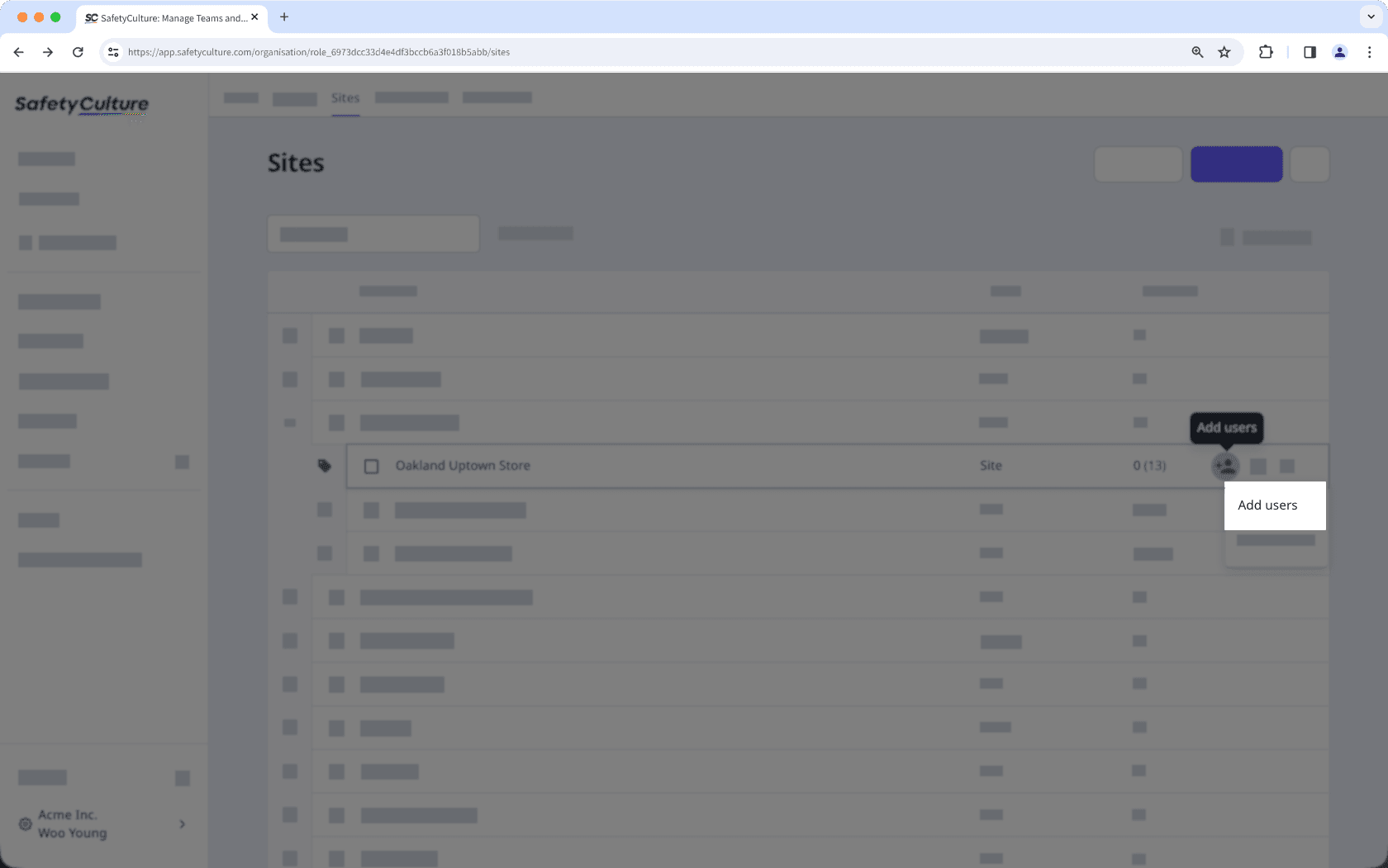 Add users to sites from the site list via the web app.