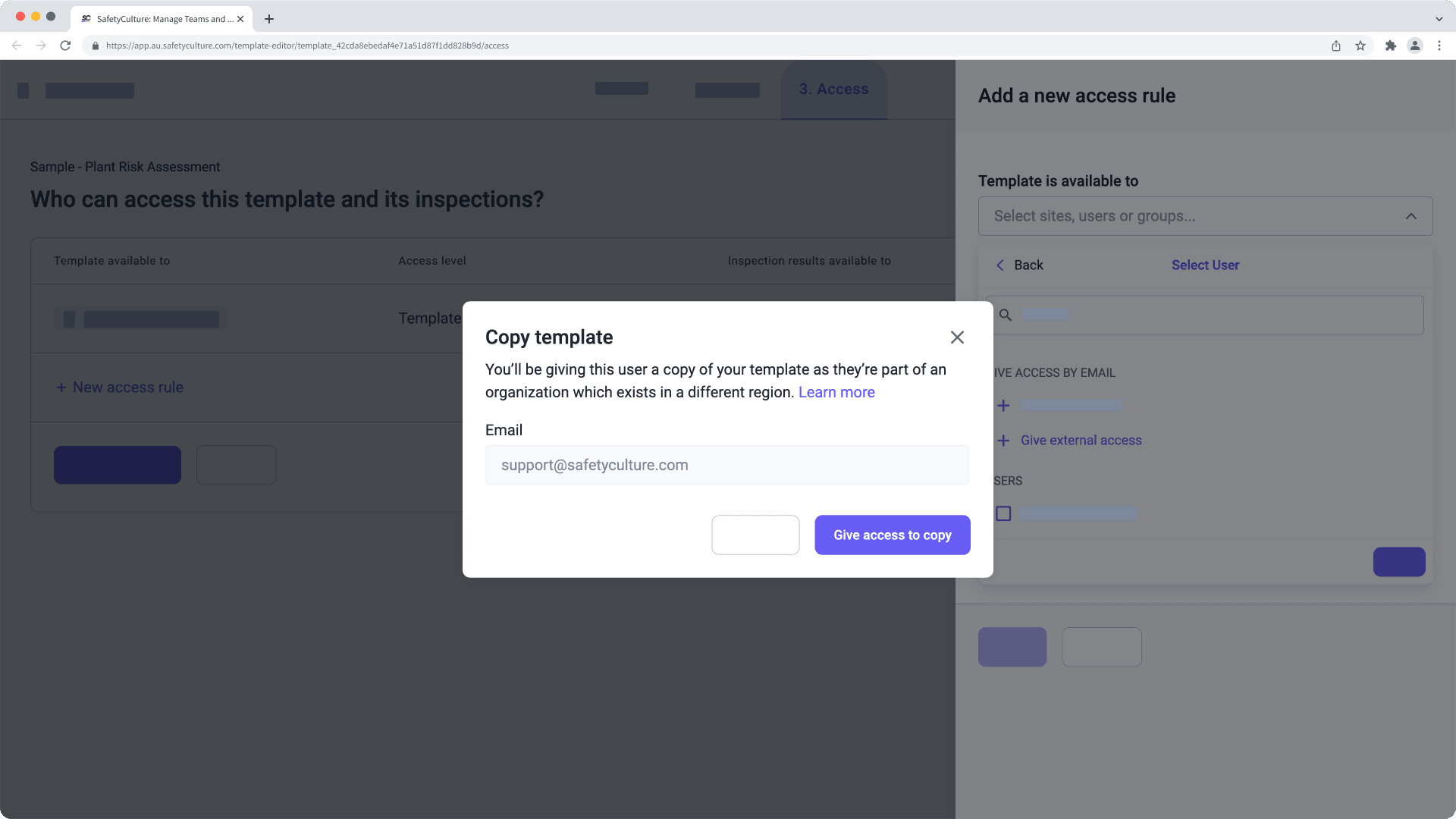 Give an external organization access to a template copy via the web app.