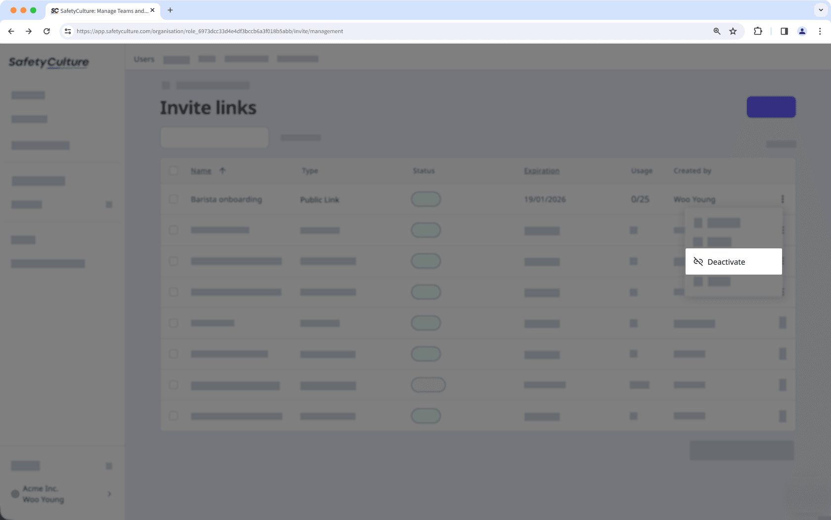 Deactivate an invite link via the web app.