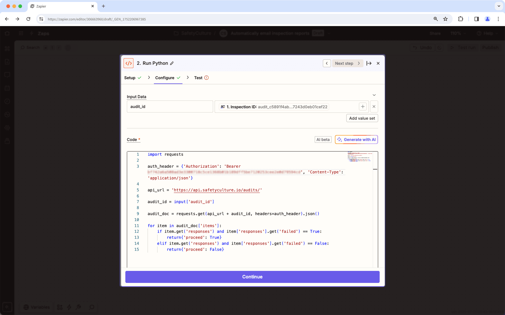 An example of the check flagged item Python script on Zapier.