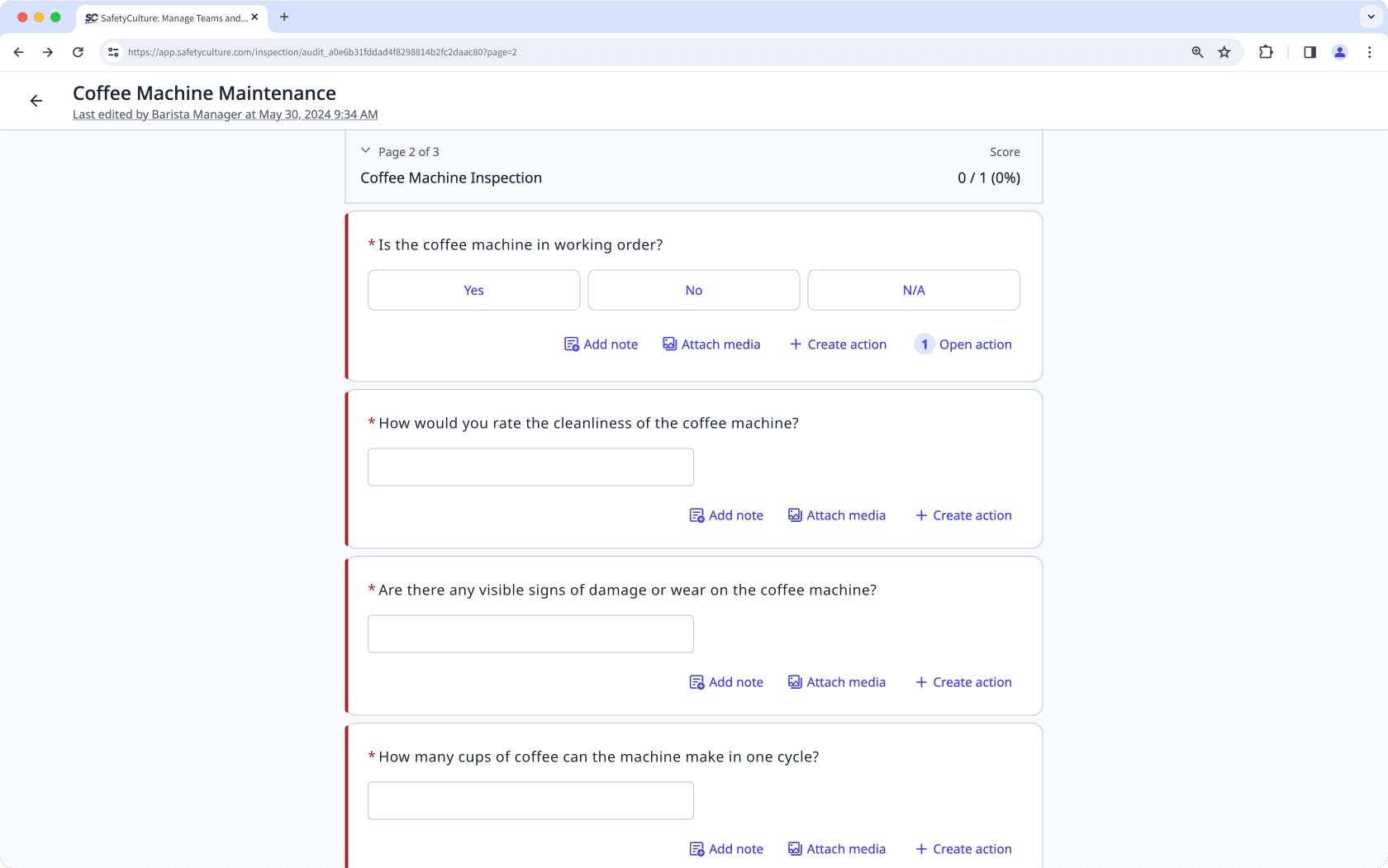 Answer required questions in an inspection via the web app.