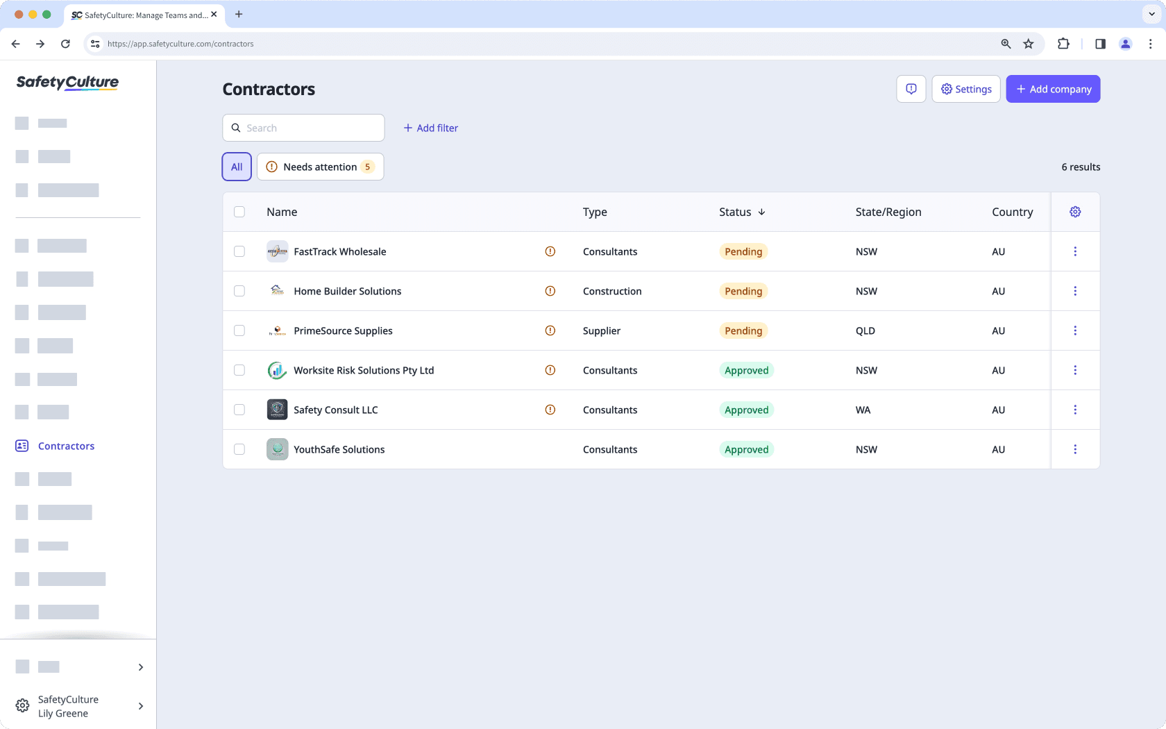 An example of the contractors list page on the web app.